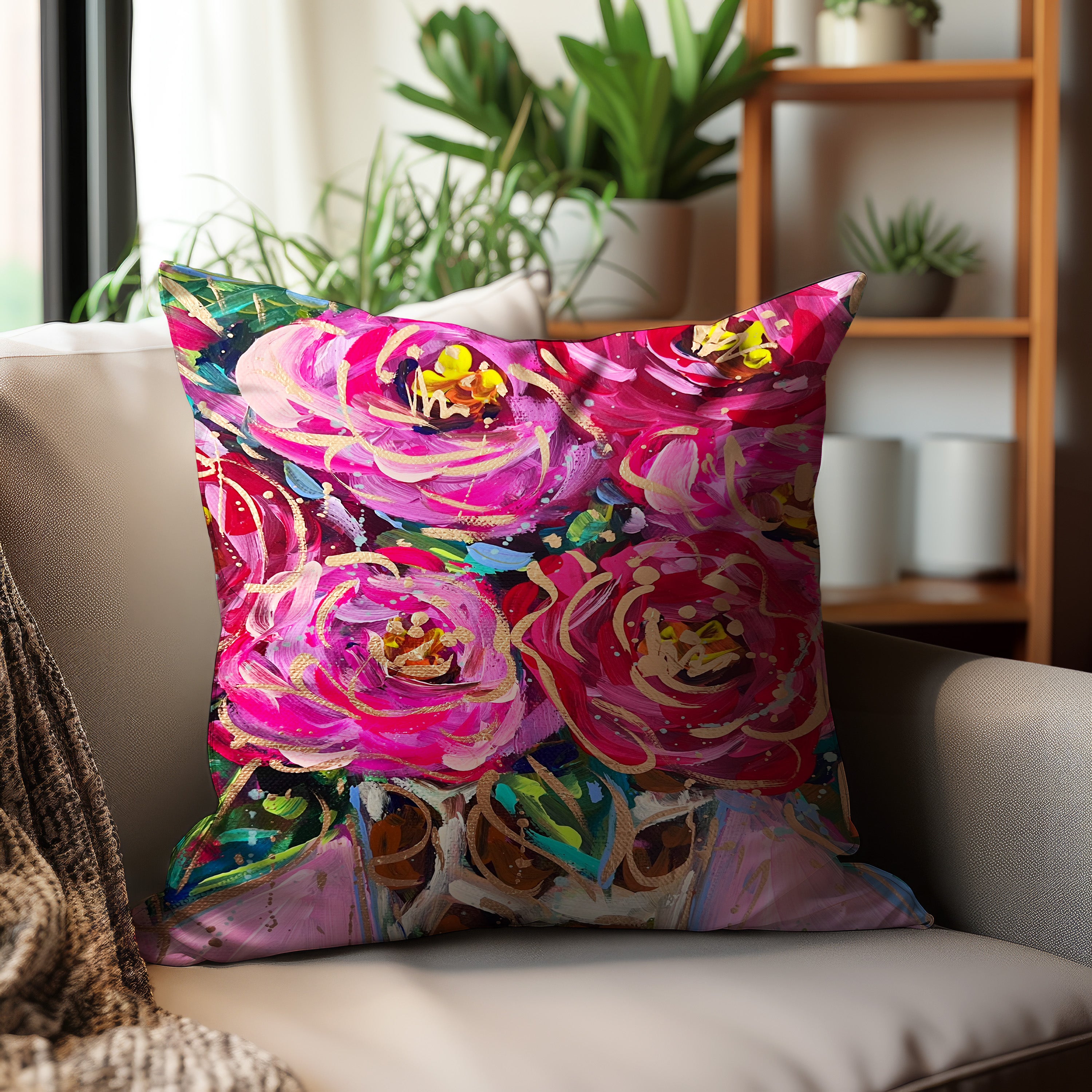 Pink Red Roses Throw Pillow