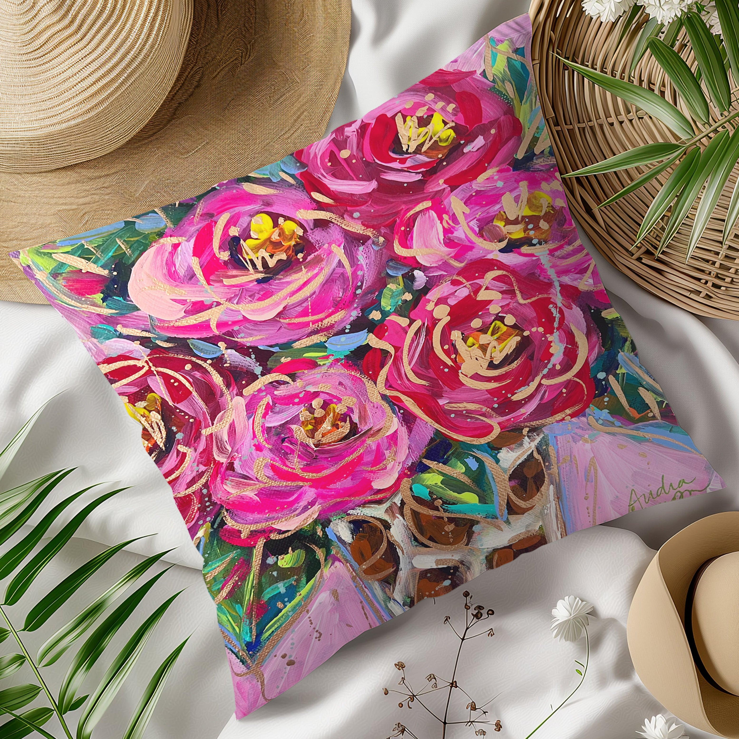 Pink Red Roses Throw Pillow