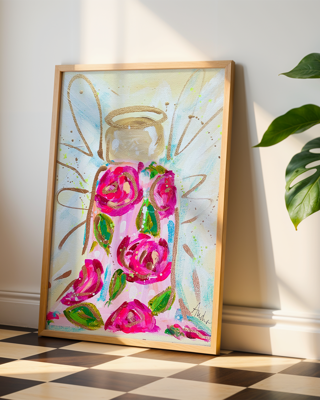 Rose Angel Art Print on Paper or Canvas - Pink Decor, Colorful Wall Art Poster