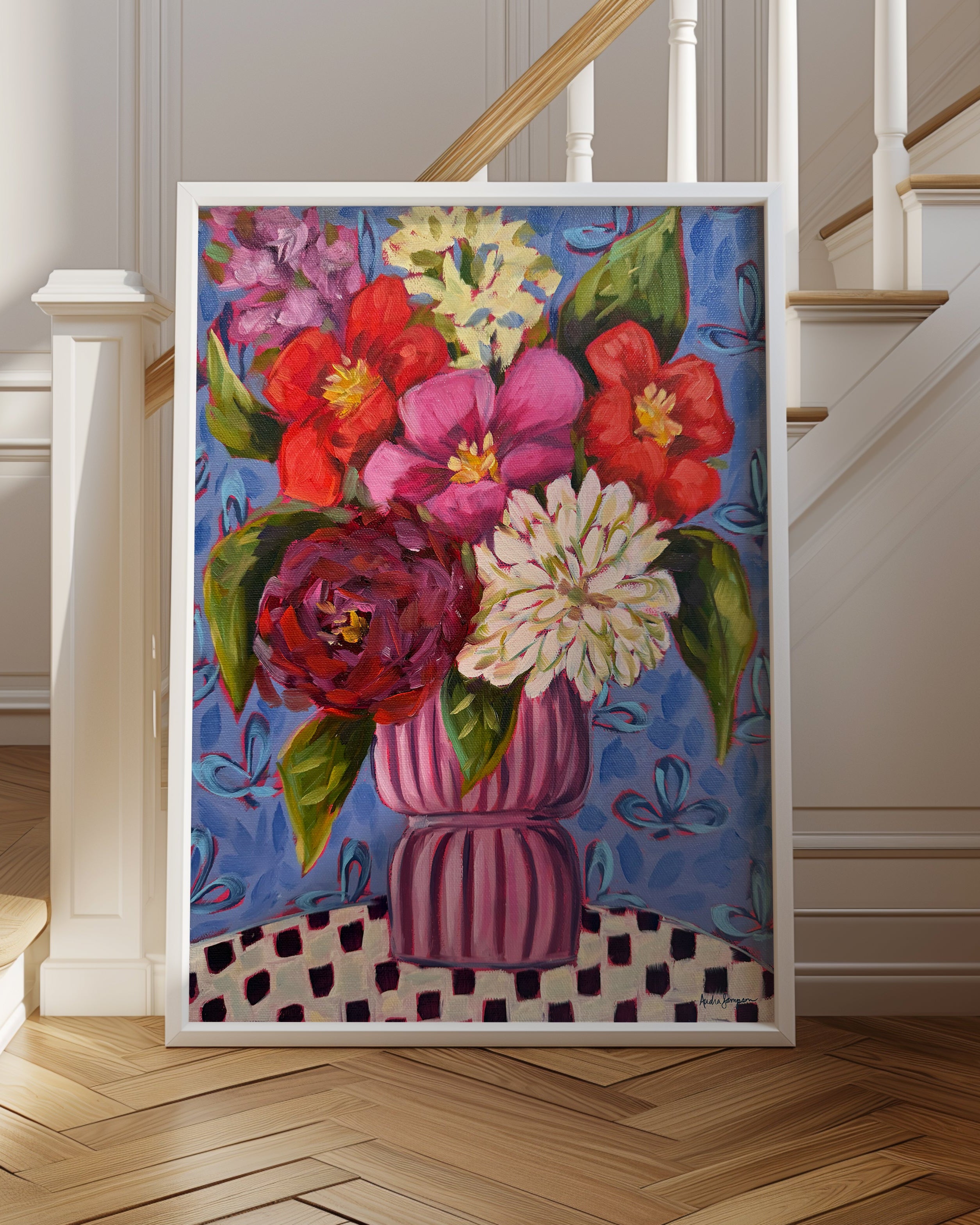 Pink Vase Floral Bouquet Art Print | Bold Colorful Maximalist Wall Art