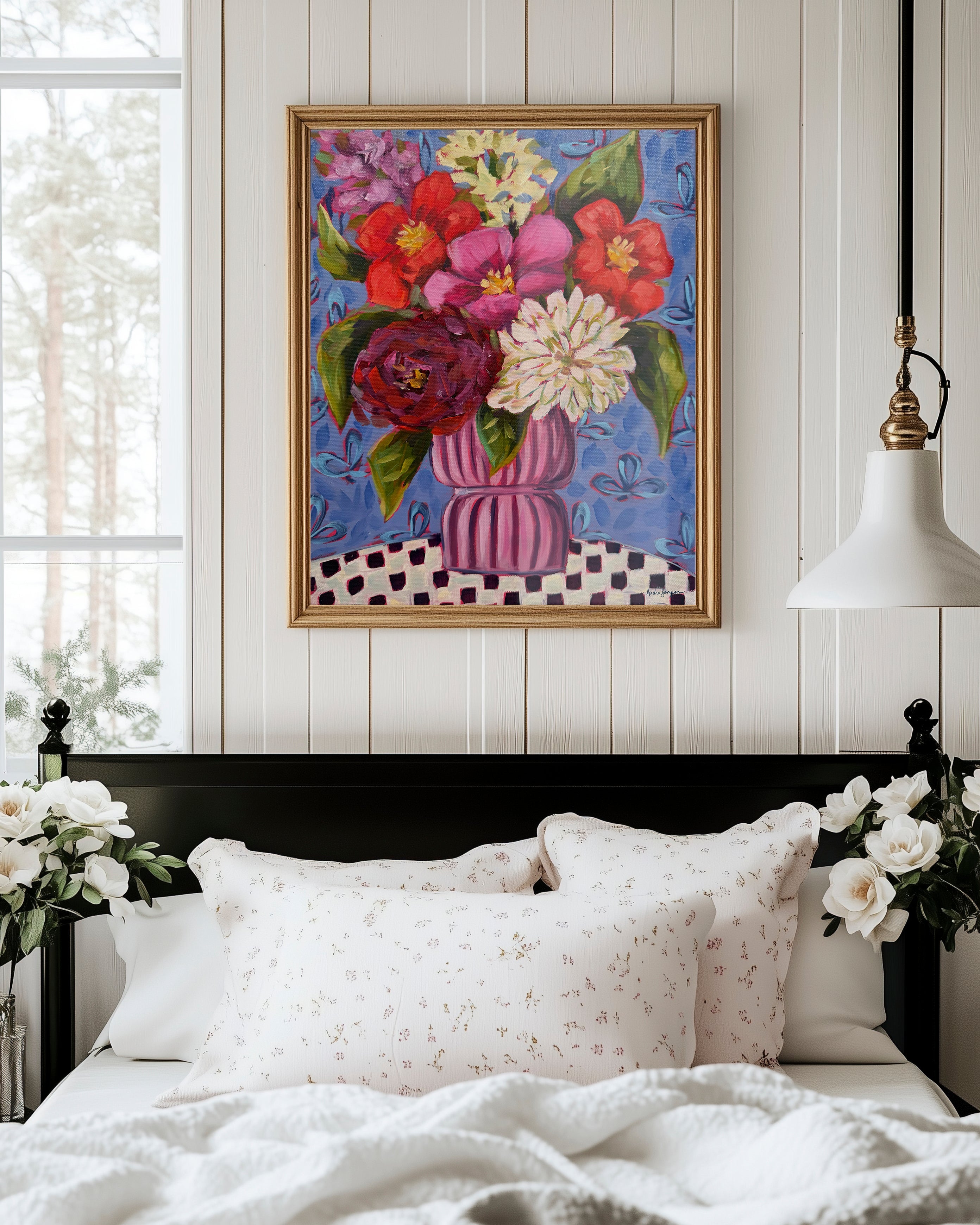 Pink Vase Floral Bouquet Art Print | Bold Colorful Maximalist Wall Art