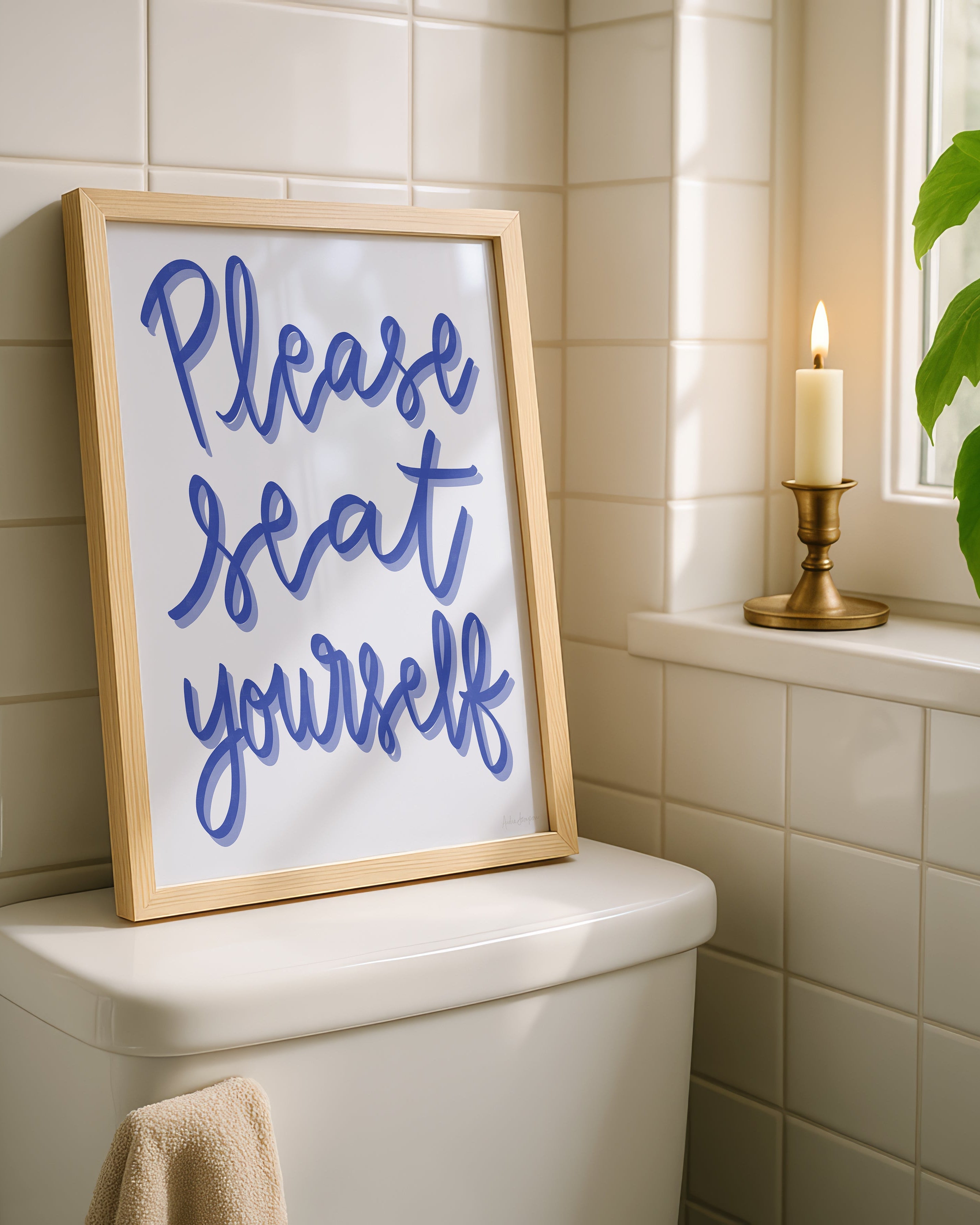 Please Seat Yourself Art Print on Paper or Canvas - Bathroom Decor, Maximalist Art Poster - Blue