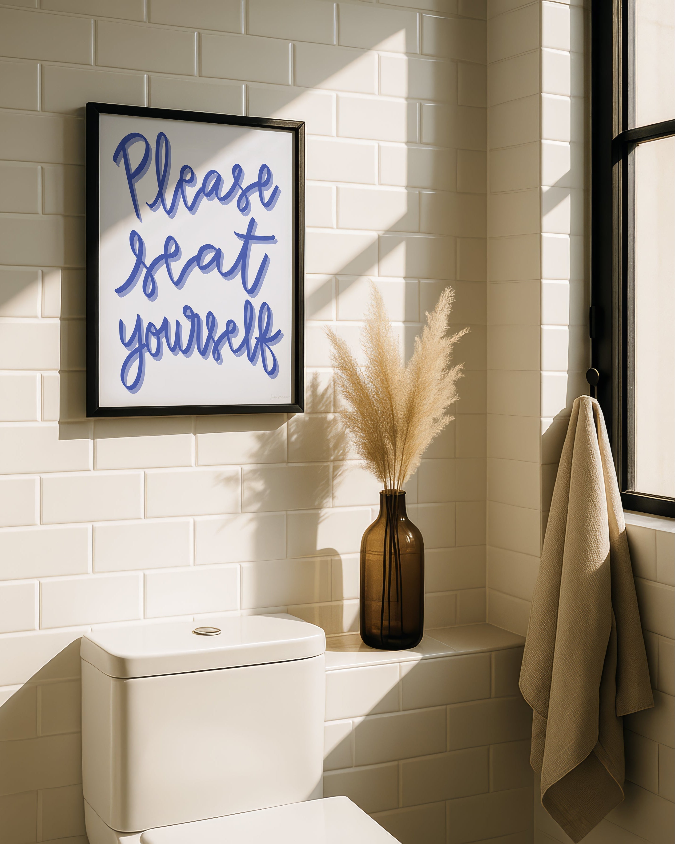 Please Seat Yourself Art Print on Paper or Canvas - Bathroom Decor, Maximalist Art Poster - Blue
