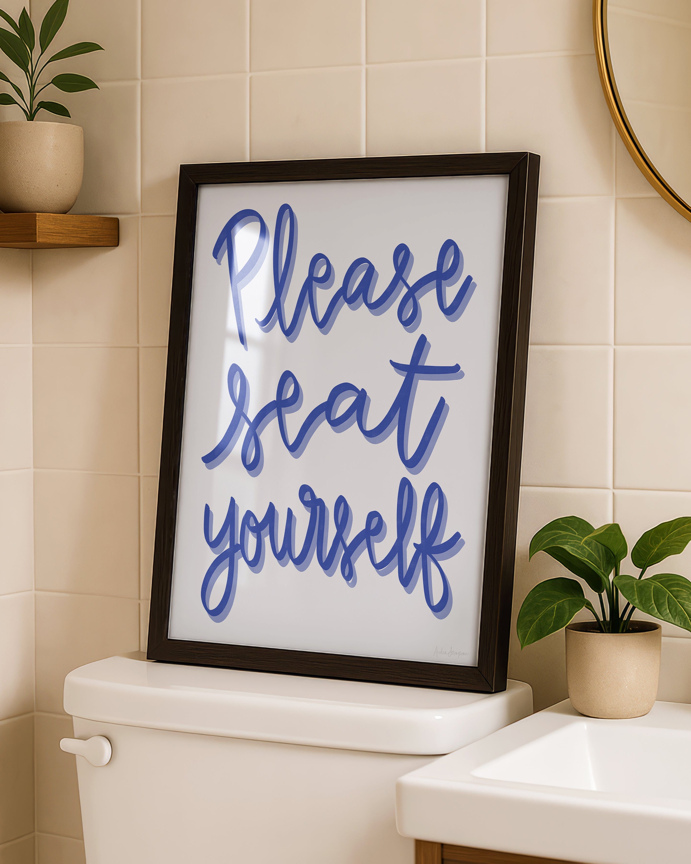 Please Seat Yourself Art Print on Paper or Canvas - Bathroom Decor, Maximalist Art Poster - Blue