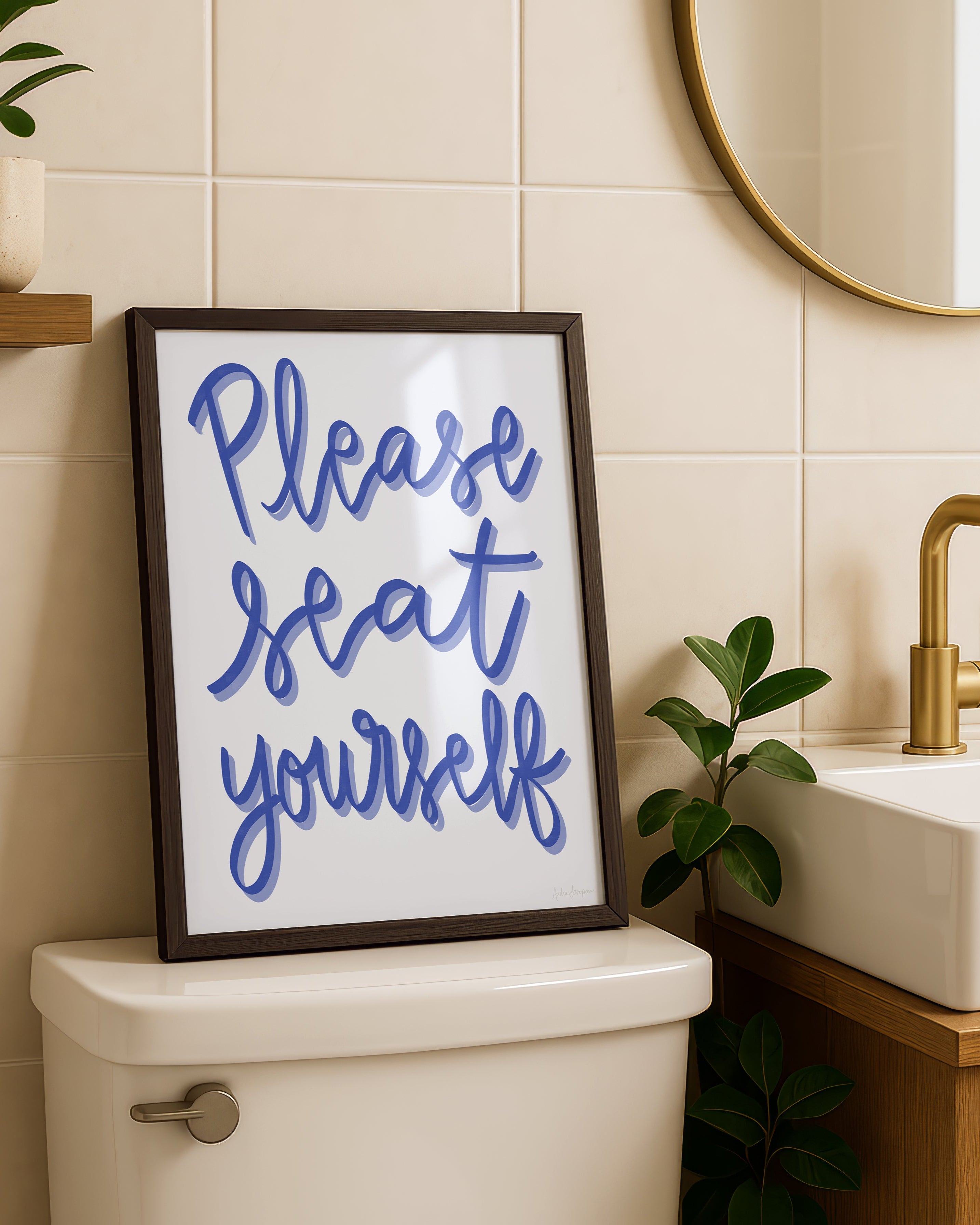 Please Seat Yourself Art Print on Paper or Canvas - Bathroom Decor, Maximalist Art Poster - Blue