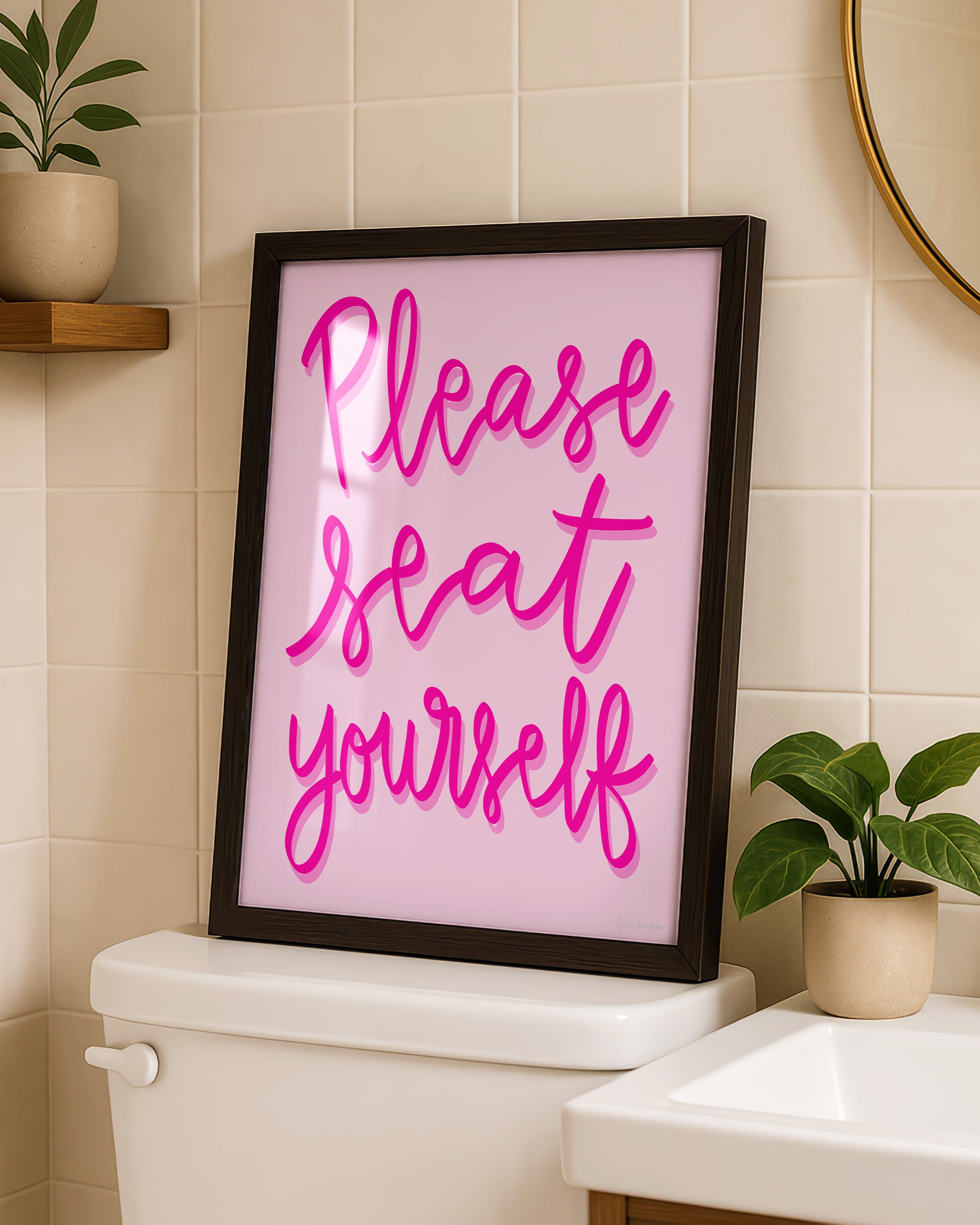 Please Seat Yourself Art Print on Paper or Canvas - Bathroom Decor, Maximalist Art Poster - Pink