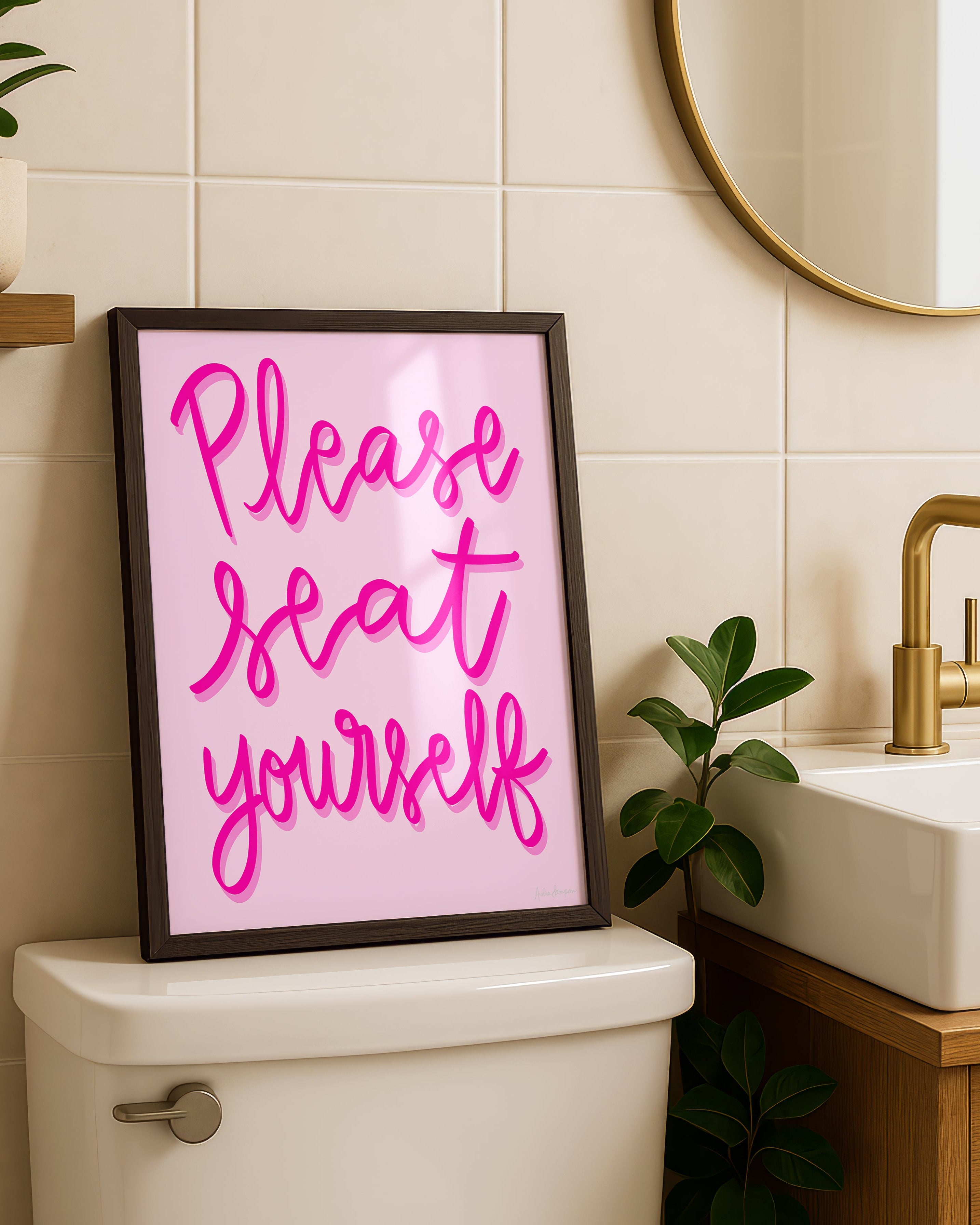 Please Seat Yourself Art Print on Paper or Canvas - Bathroom Decor, Maximalist Art Poster - Pink
