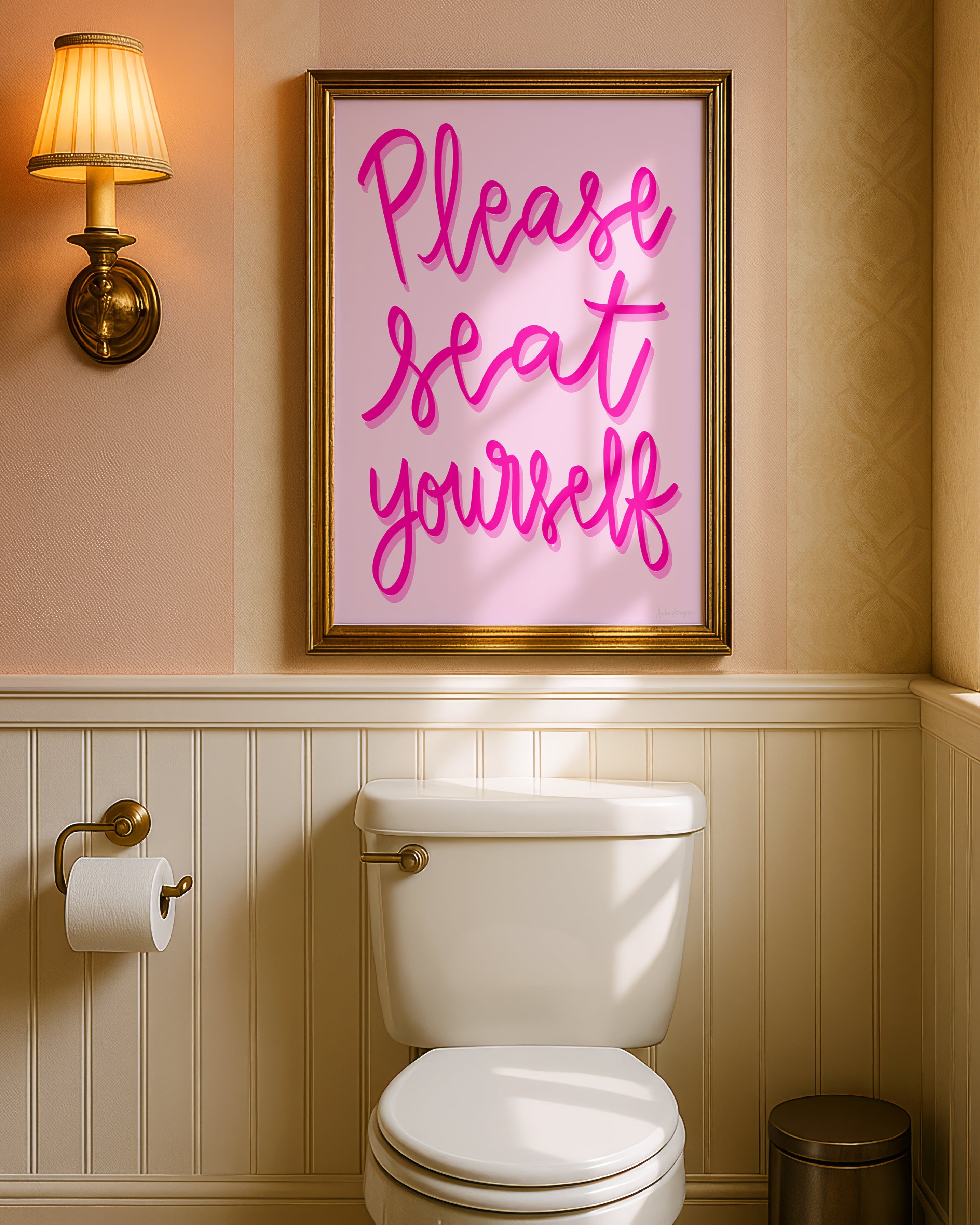 Please Seat Yourself Art Print on Paper or Canvas - Bathroom Decor, Maximalist Art Poster - Pink