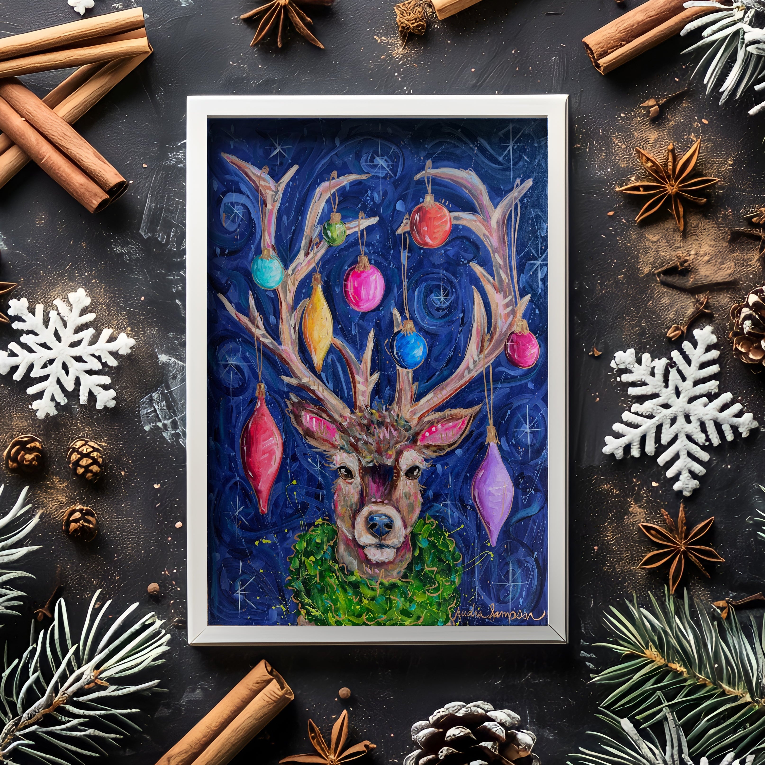 Reindeer Christmas Reproduction Print - On Paper or Canvas