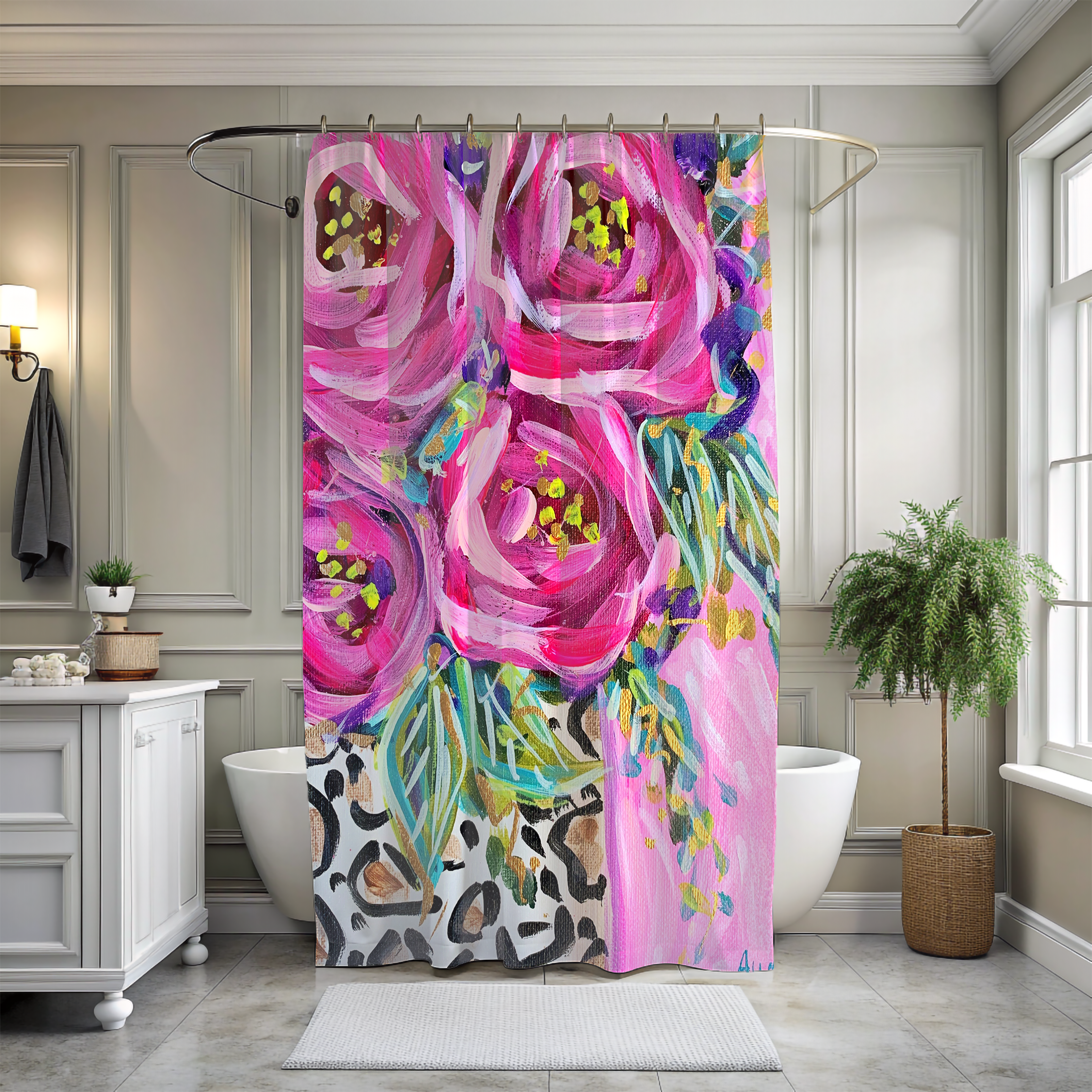 Pink Roses Leopard Vase Shower Curtains