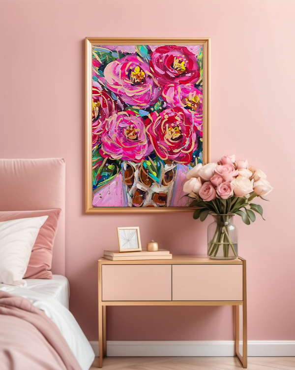 Red Pink Leopard Bouquet Art Print on Paper or Canvas - Maximalist Dec
