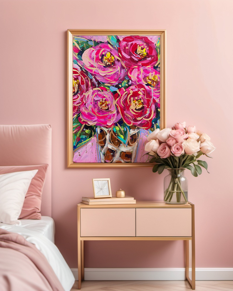 Red Pink Leopard Bouquet Art Print on Paper or Canvas - Maximalist Decor, Pink Wall Art