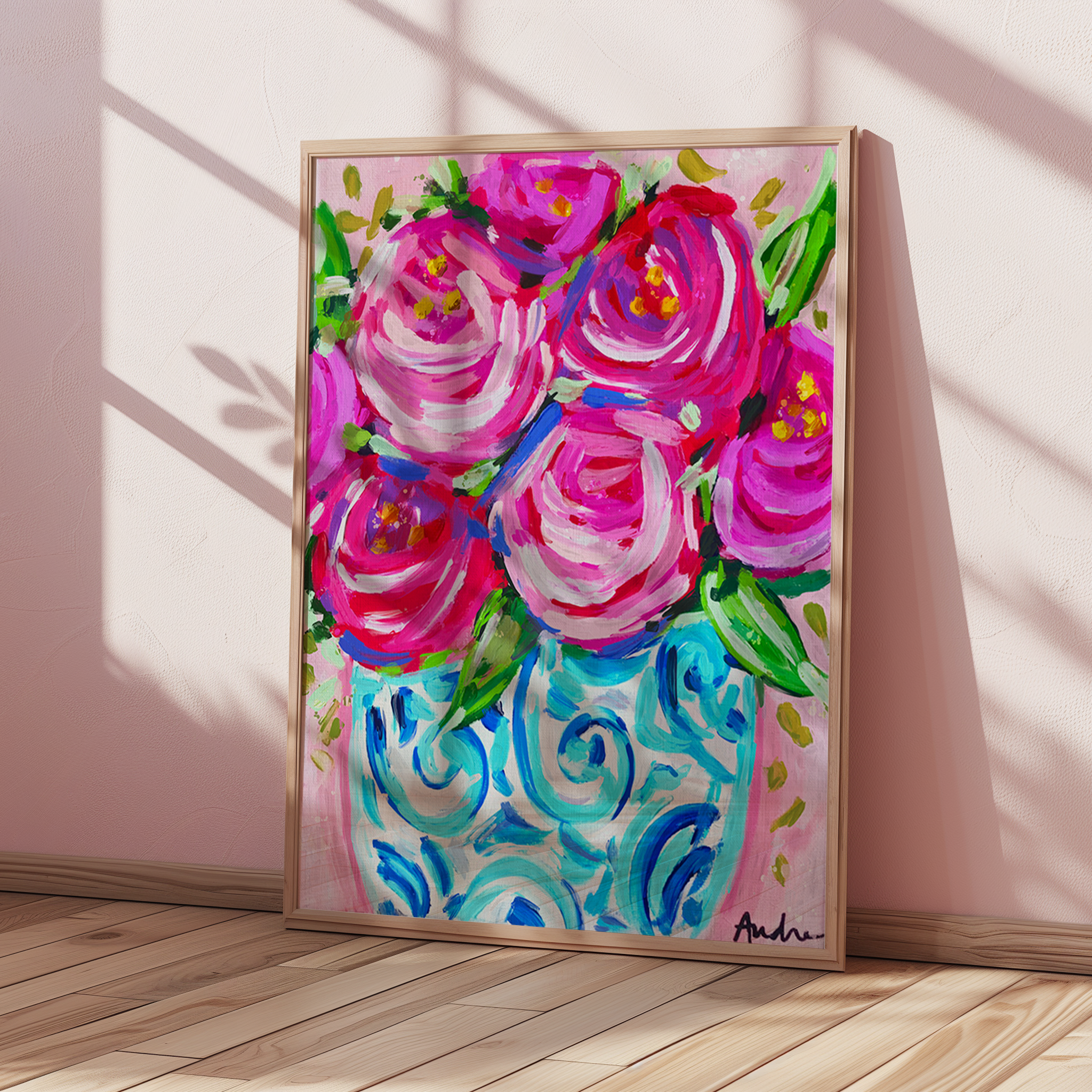 Roses in Ginger Jar Art Print on Paper or Canvas - Pink Decor, Grand Millennial, Colorful Wall Poster