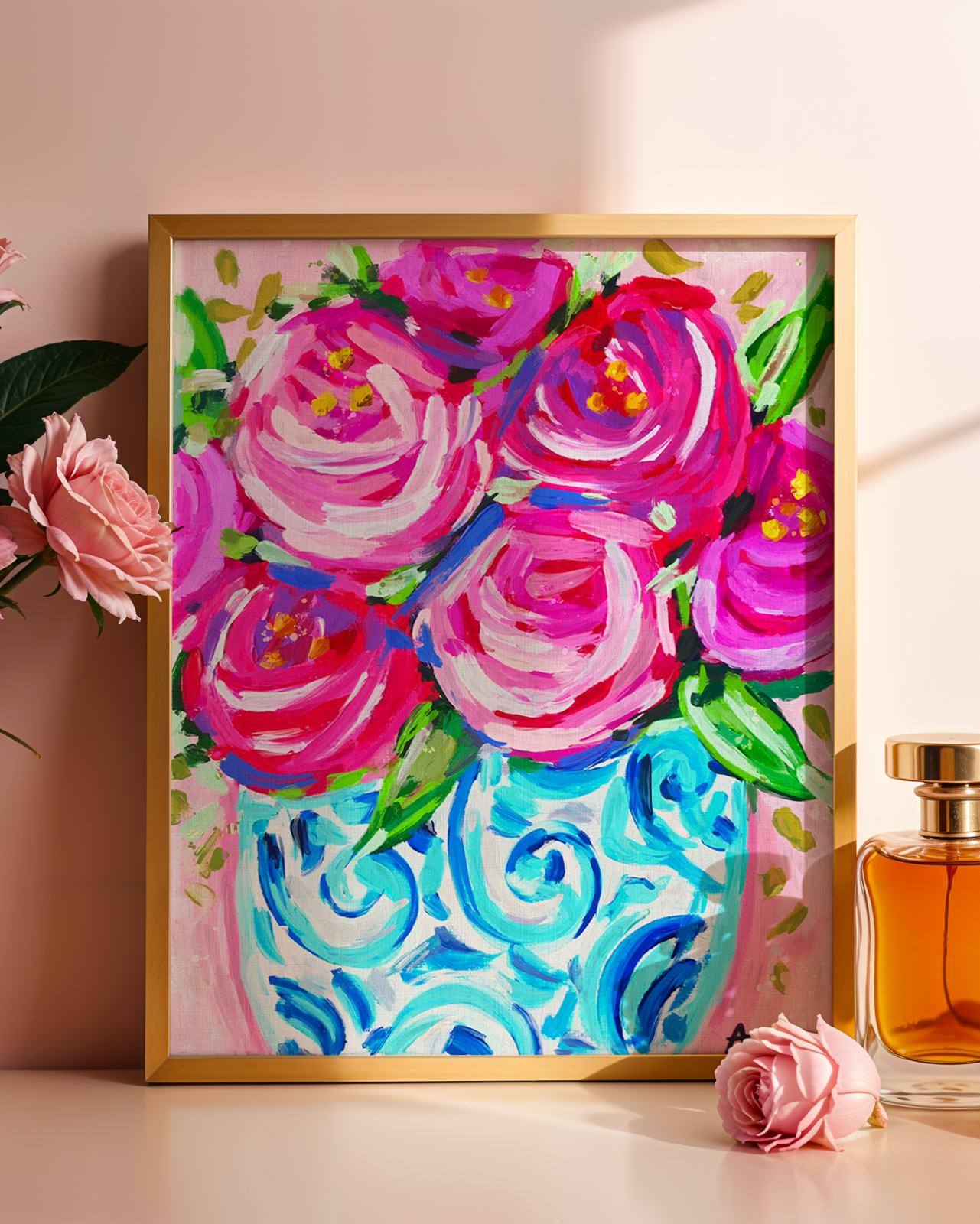 Roses in Ginger Jar Art Print on Paper or Canvas - Pink Decor, Grand Millennial, Colorful Wall Poster