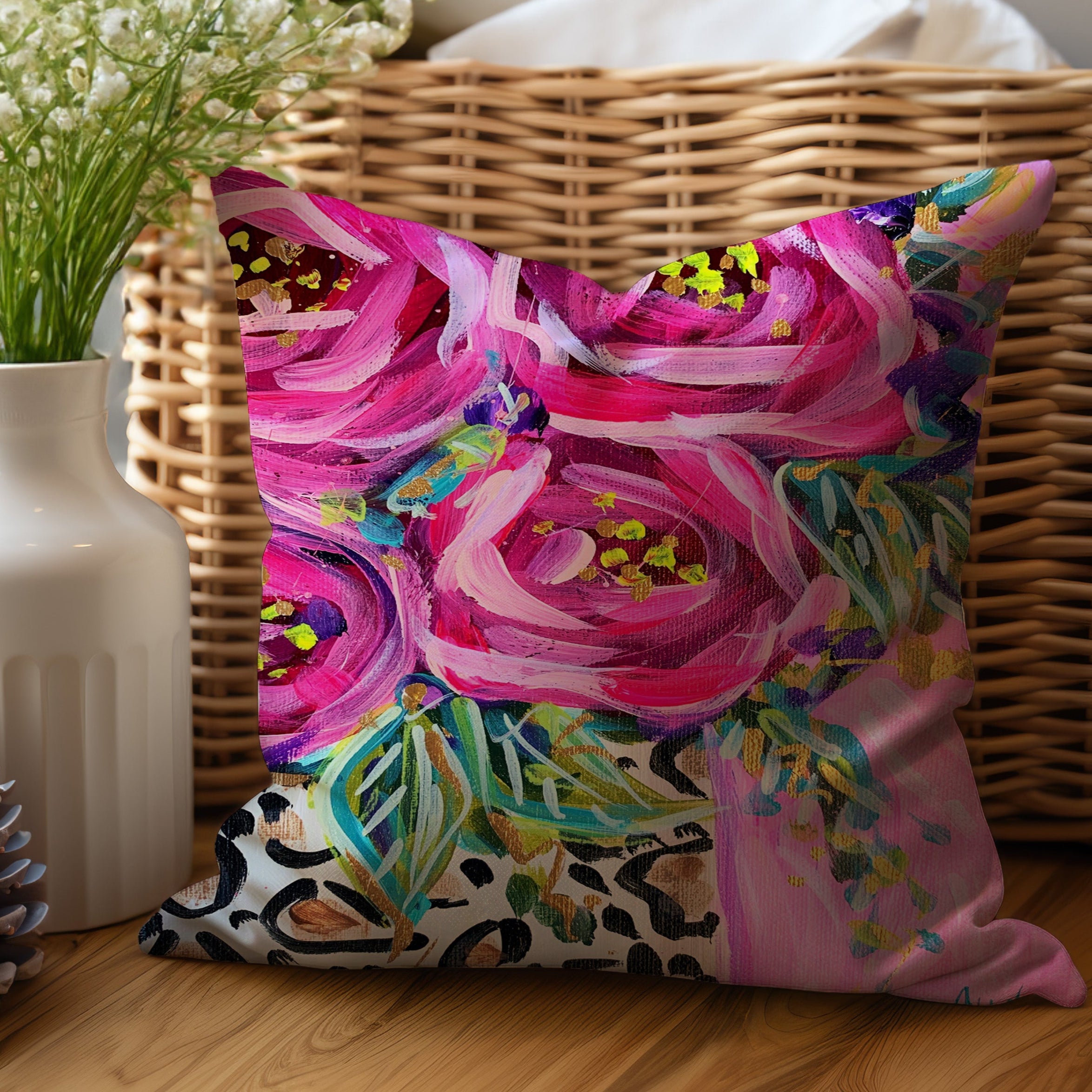 Pink Roses in Leopard Vase Throw  Pillow