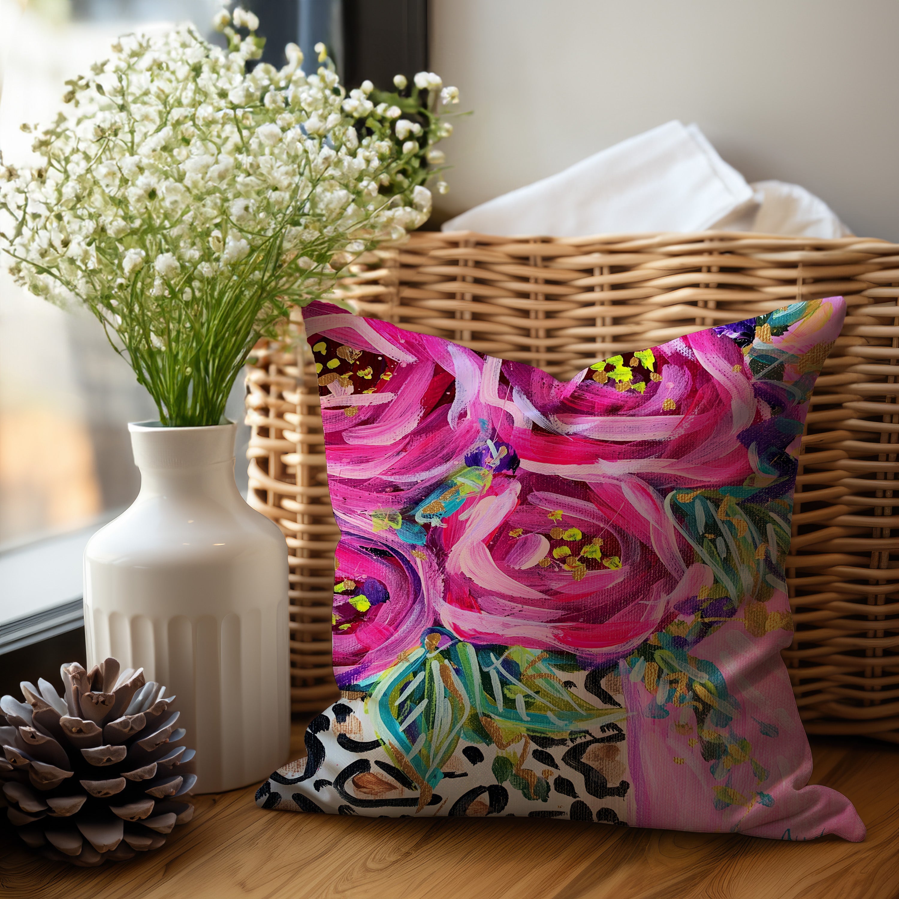 Pink Roses in Leopard Vase Throw  Pillow