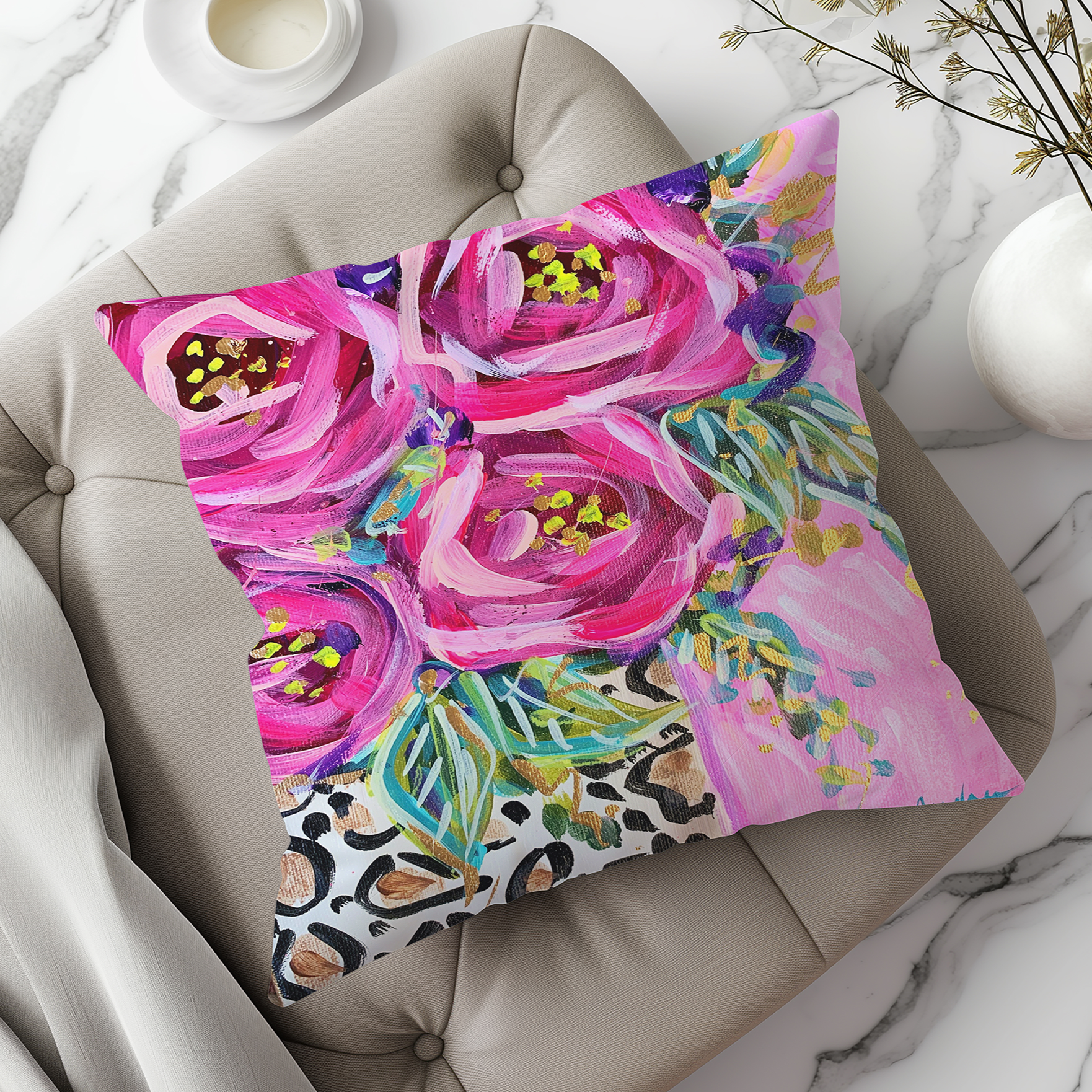 Pink Roses in Leopard Vase Throw  Pillow