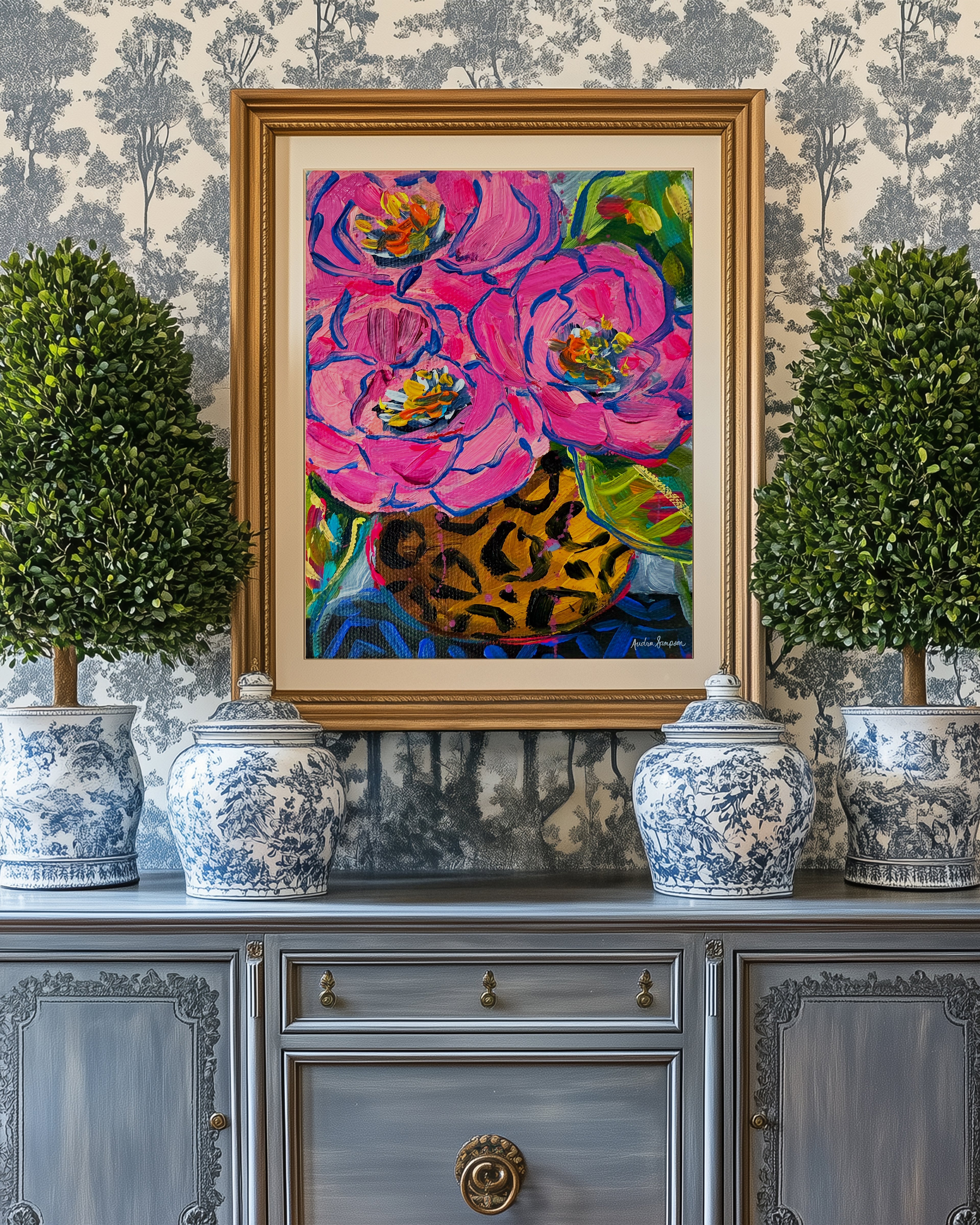 Round Cheetah Vase Rose Bouquet Art Print on Paper or Canvas - Floral Decor, Maximalist Art Poster