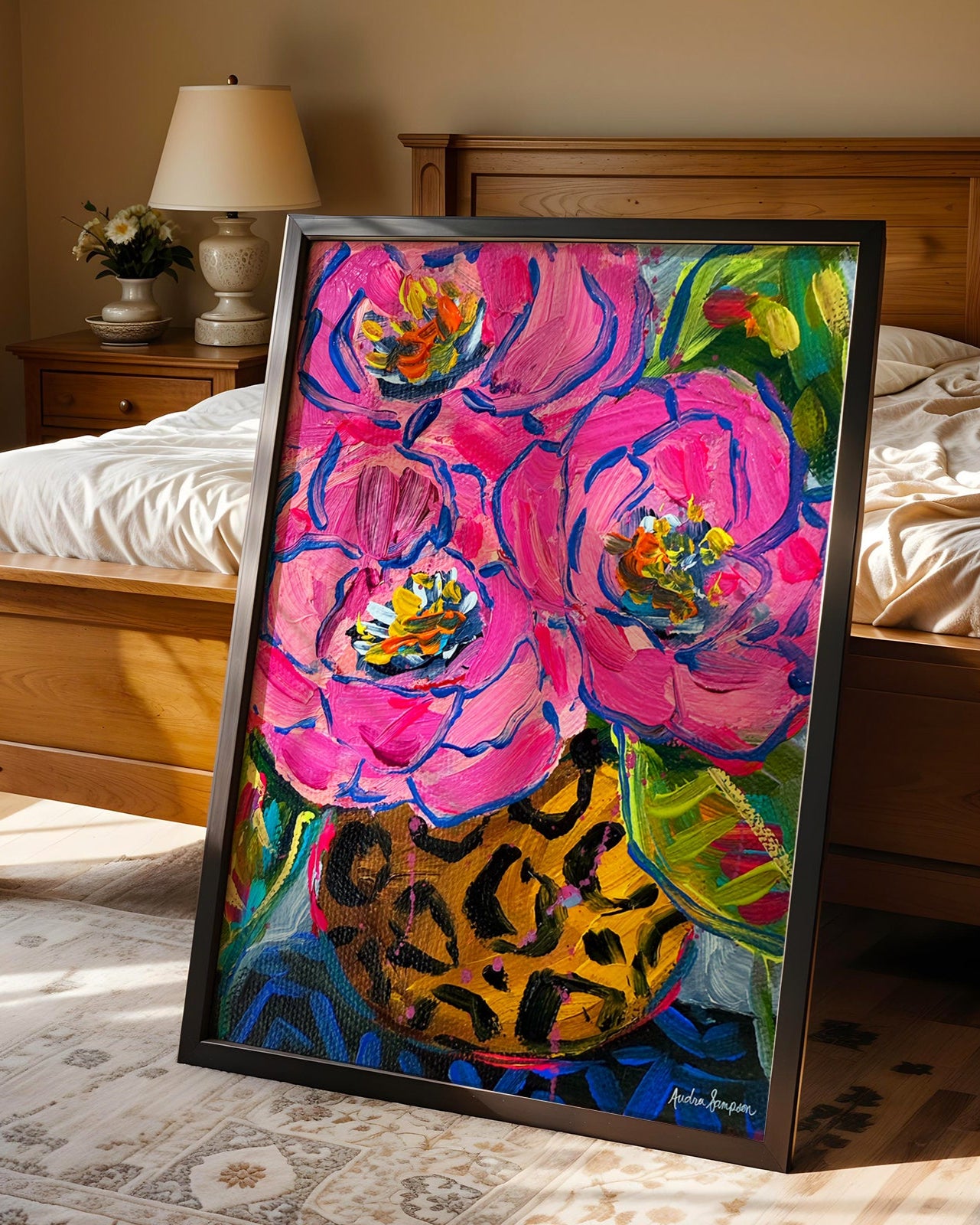 Round Cheetah Vase Rose Bouquet Art Print on Paper or Canvas - Floral Decor, Maximalist Art Poster