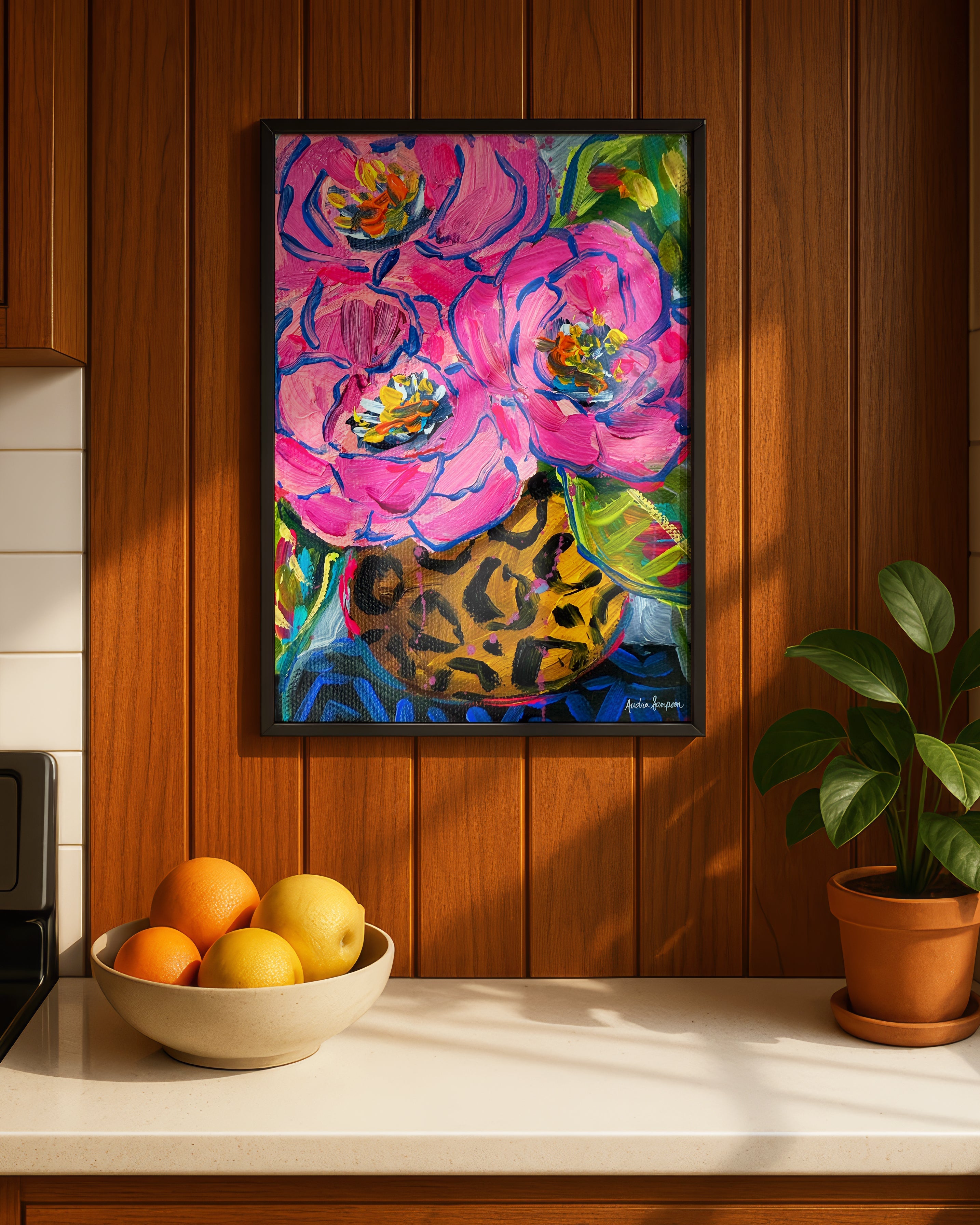 Round Cheetah Vase Rose Bouquet Art Print on Paper or Canvas - Floral Decor, Maximalist Art Poster