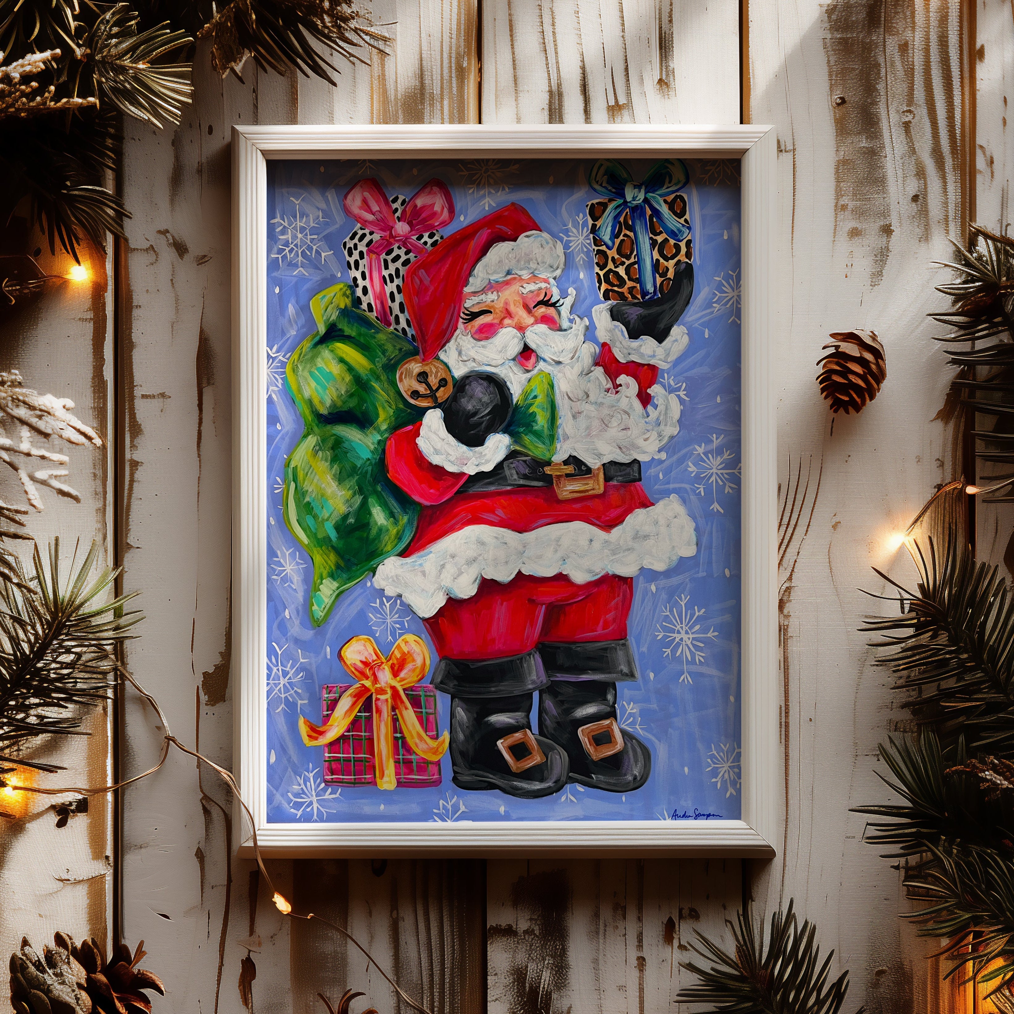 Santa Claus with Gifts Christmas Reproduction Print - On Paper or Canvas