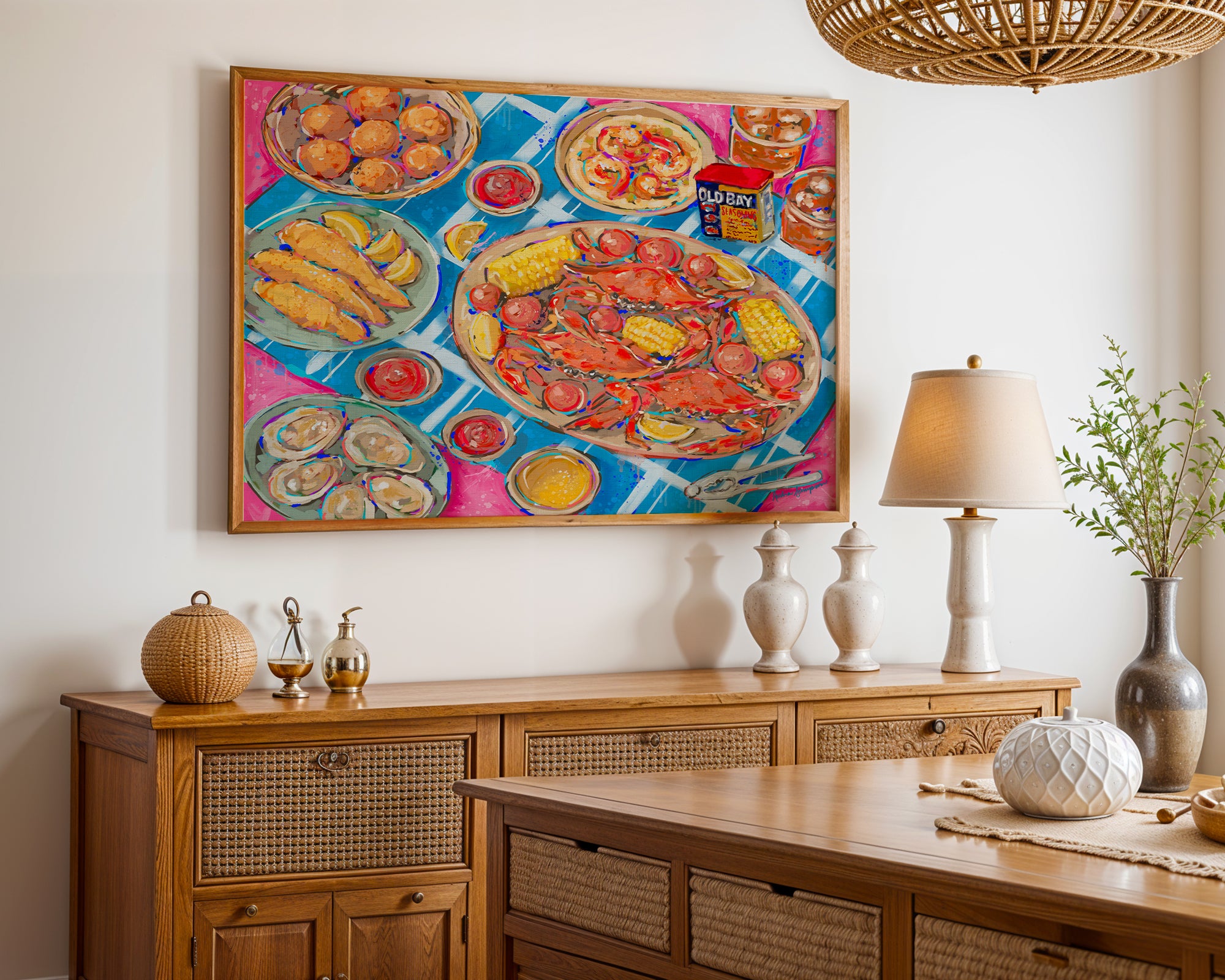 Seafood Dinner Art Print on Paper or Canvas - Maximalist Coastal Beach Nautical Kitchen Art Poster