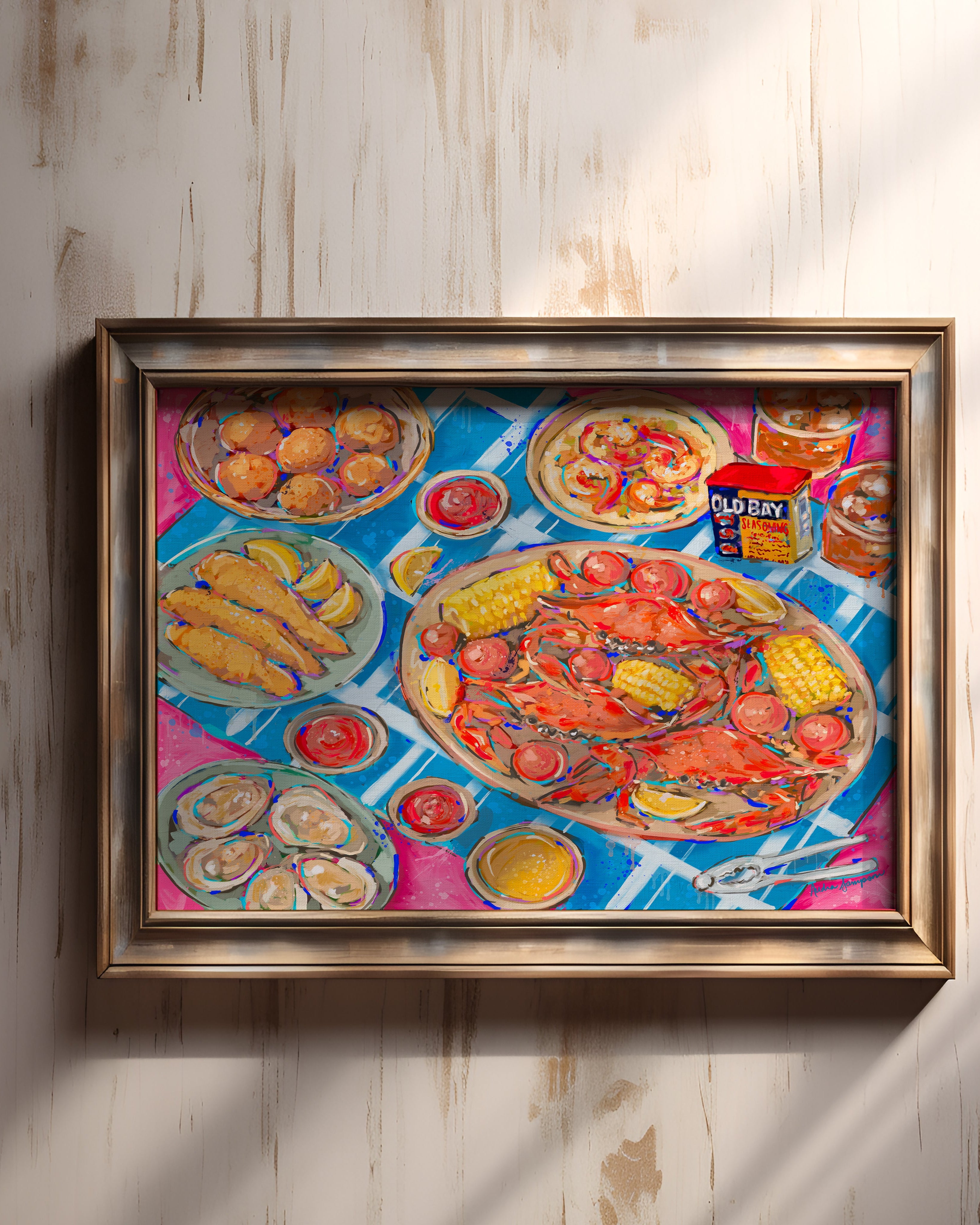 Seafood Dinner Art Print on Paper or Canvas - Maximalist Coastal Beach Nautical Kitchen Art Poster