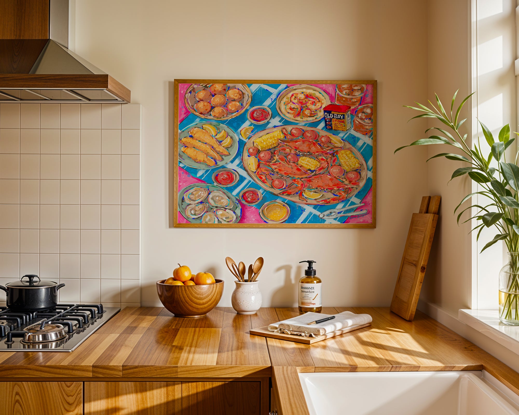 Seafood Dinner Art Print on Paper or Canvas - Maximalist Coastal Beach Nautical Kitchen Art Poster