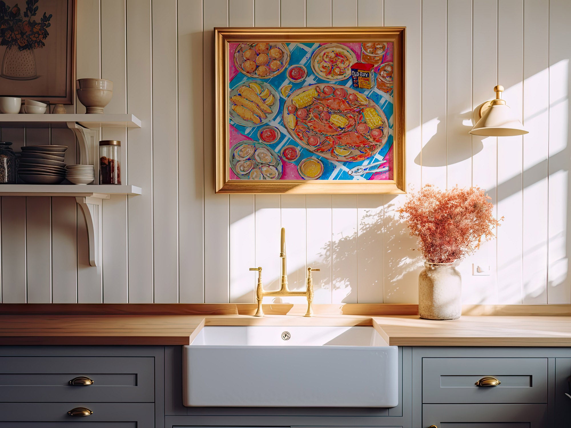 Seafood Dinner Art Print on Paper or Canvas - Maximalist Coastal Beach Nautical Kitchen Art Poster