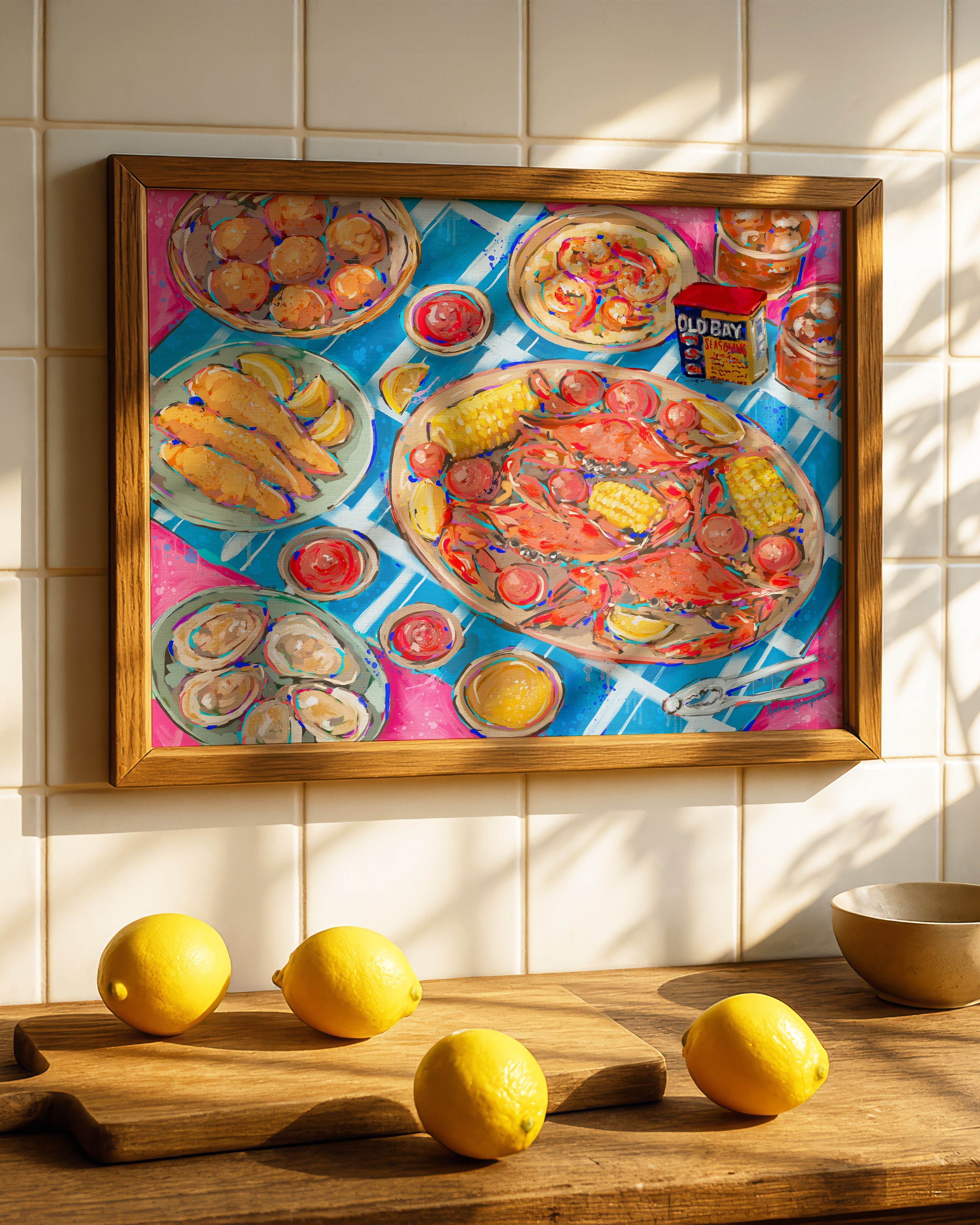Seafood Dinner Art Print on Paper or Canvas - Maximalist Coastal Beach Nautical Kitchen Art Poster