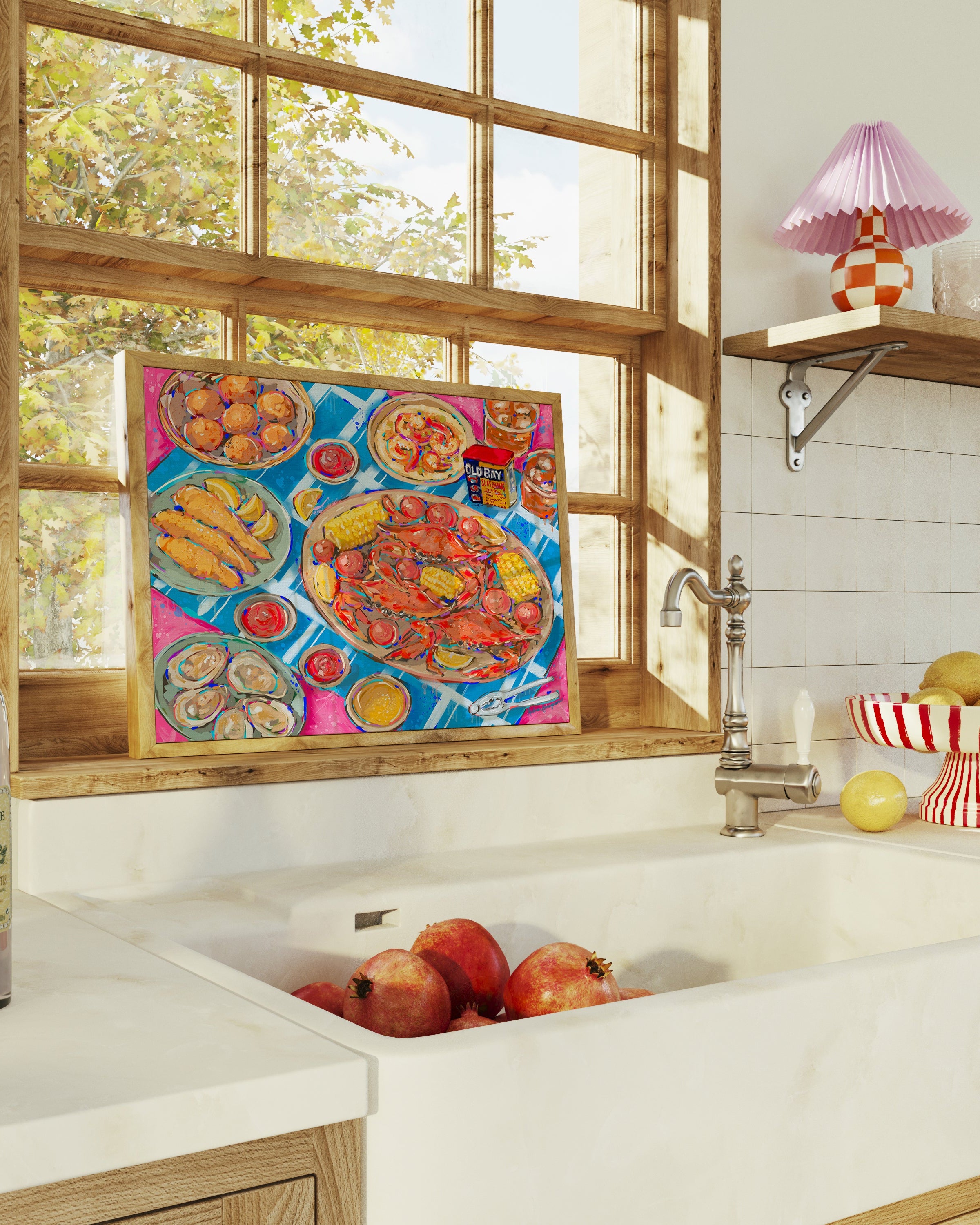 Seafood Dinner Art Print on Paper or Canvas - Maximalist Coastal Beach Nautical Kitchen Art Poster