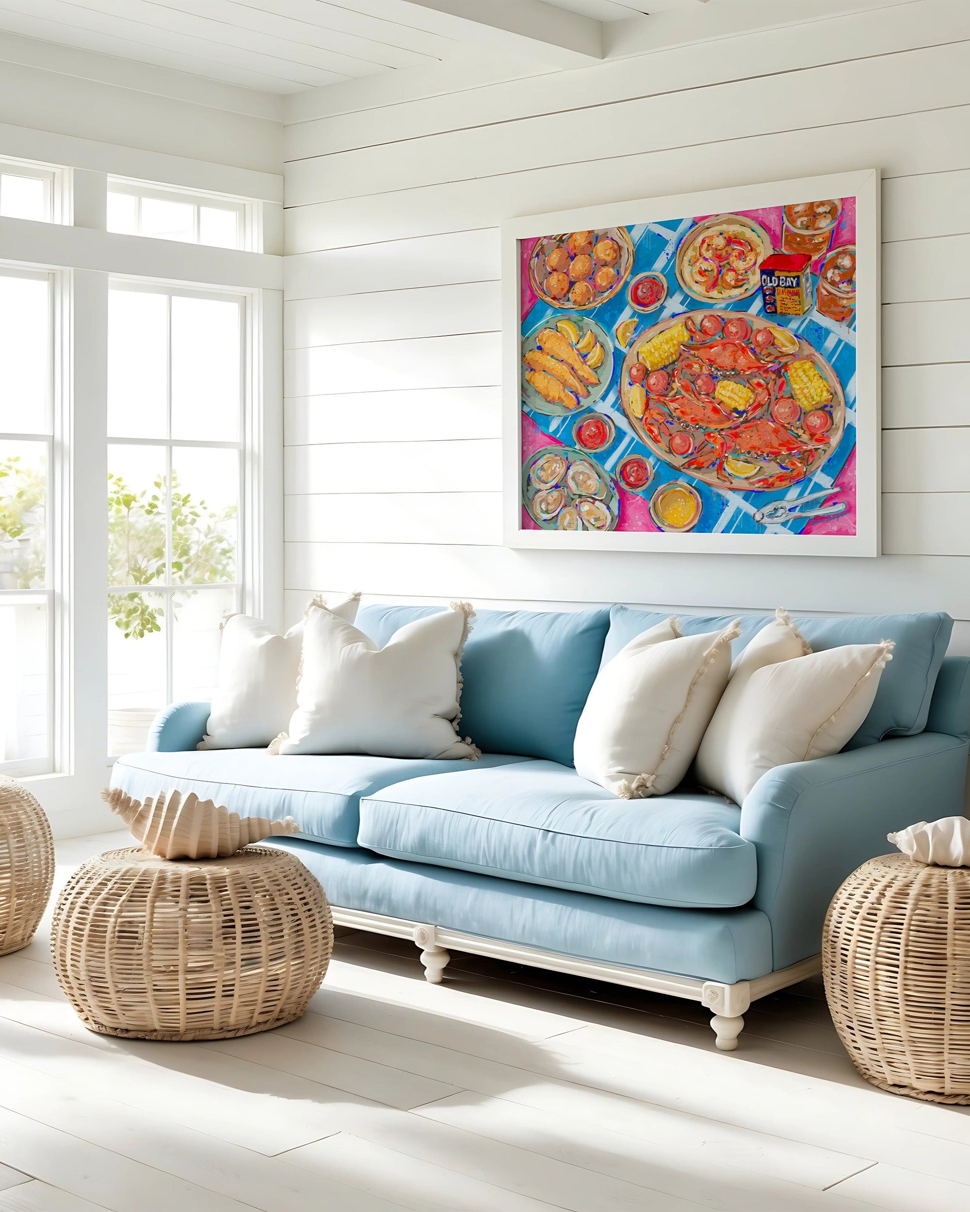 Seafood Dinner Art Print on Paper or Canvas - Maximalist Coastal Beach Nautical Kitchen Art Poster