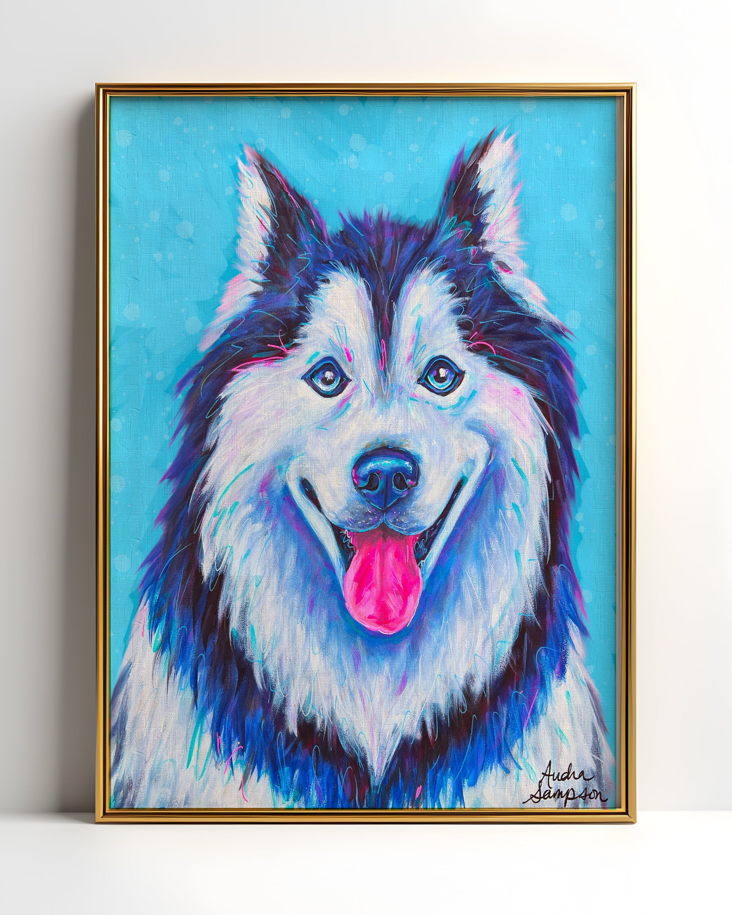 Siberian Husky Print Blue Background on Paper or Canvas - Pet Art, Dog Poster, Colorful Wall Art, Dog Gift, Dopamine Decor