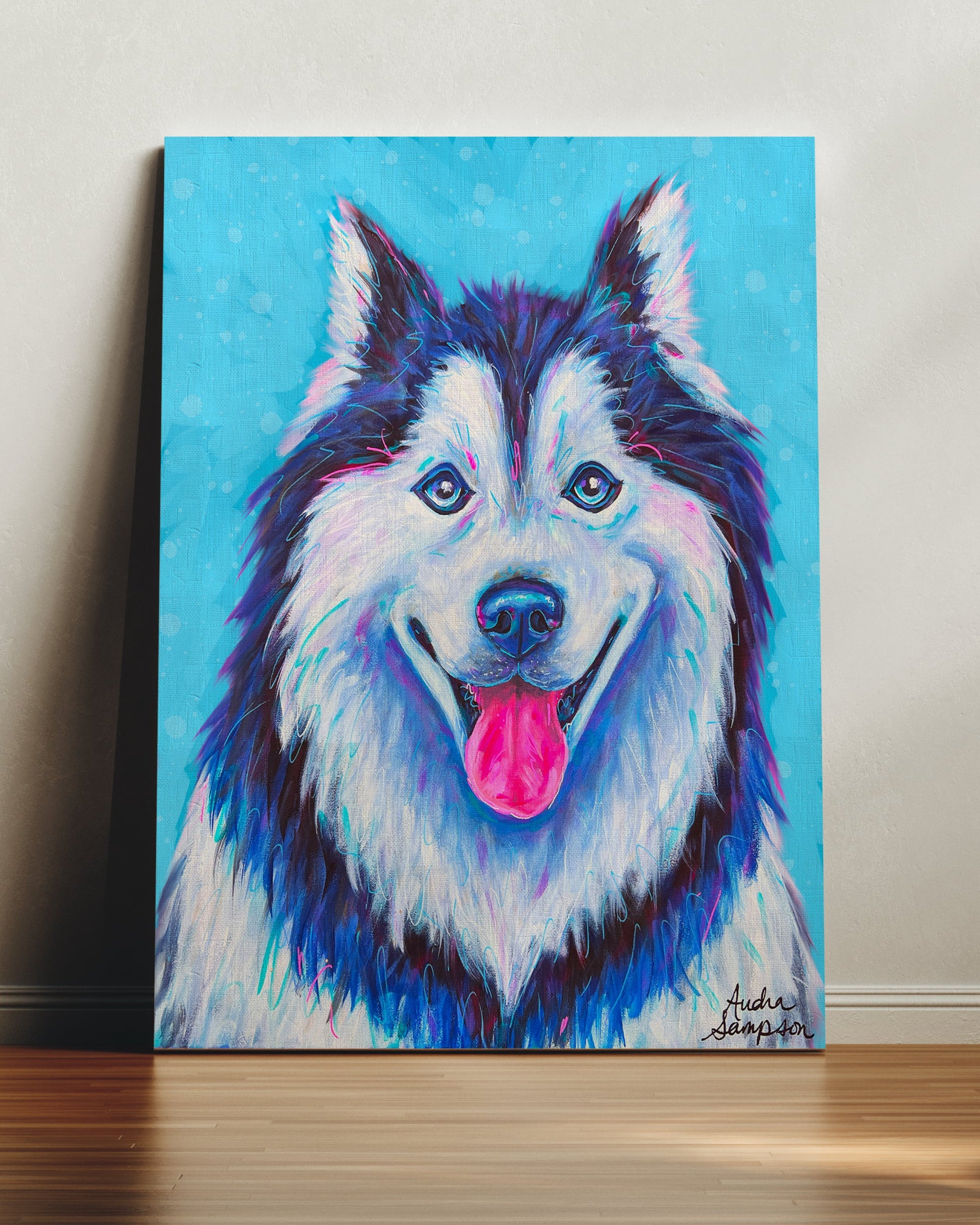 Siberian Husky Print Blue Background on Paper or Canvas - Pet Art, Dog Poster, Colorful Wall Art, Dog Gift, Dopamine Decor
