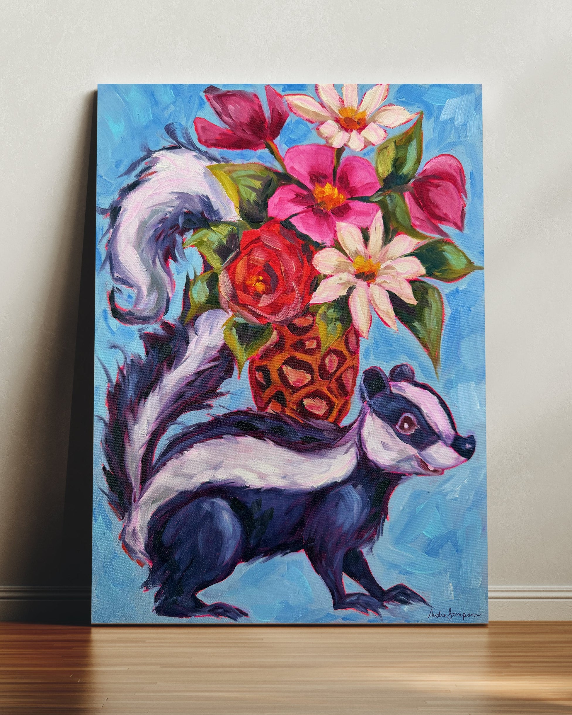 Skunk Floral Bouquet Art Print | Bold Colorful Maximalist Wall Art