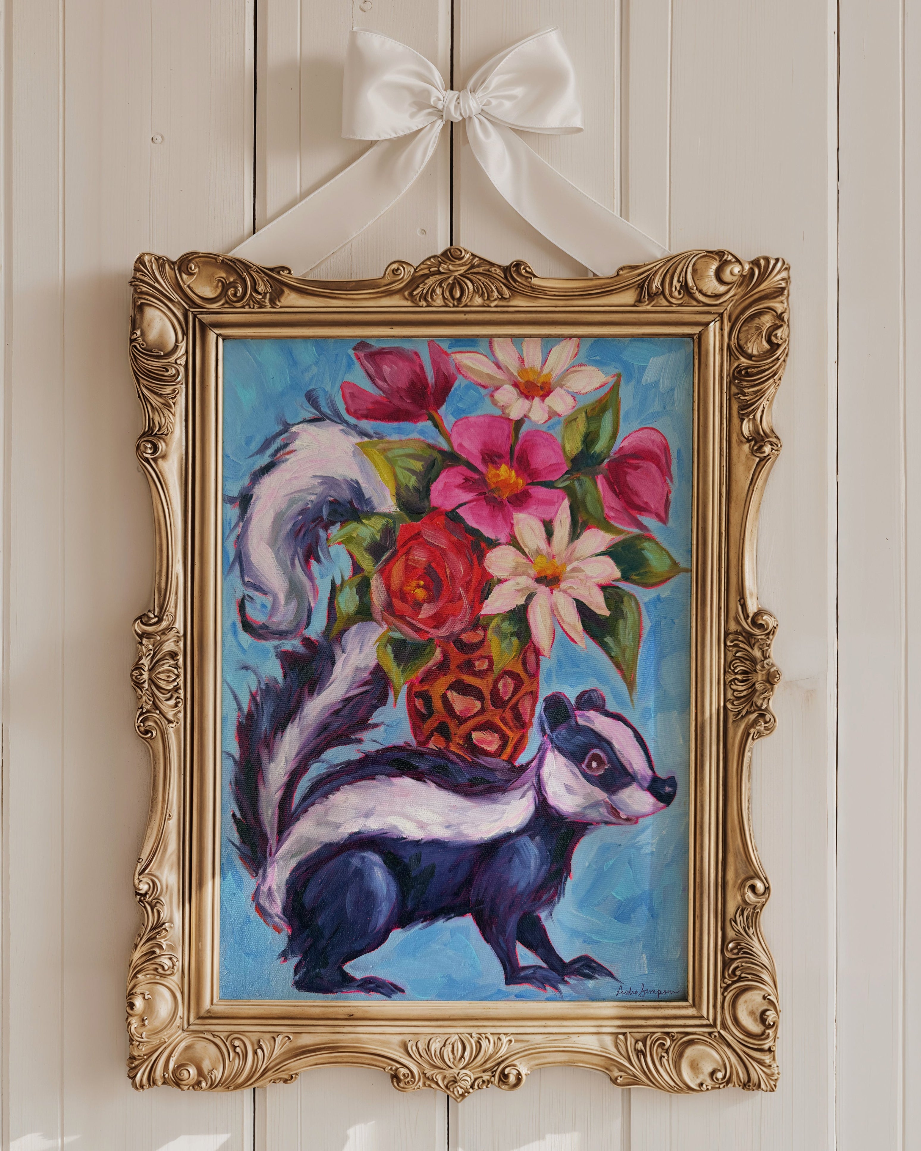 Skunk Floral Bouquet Art Print | Bold Colorful Maximalist Wall Art