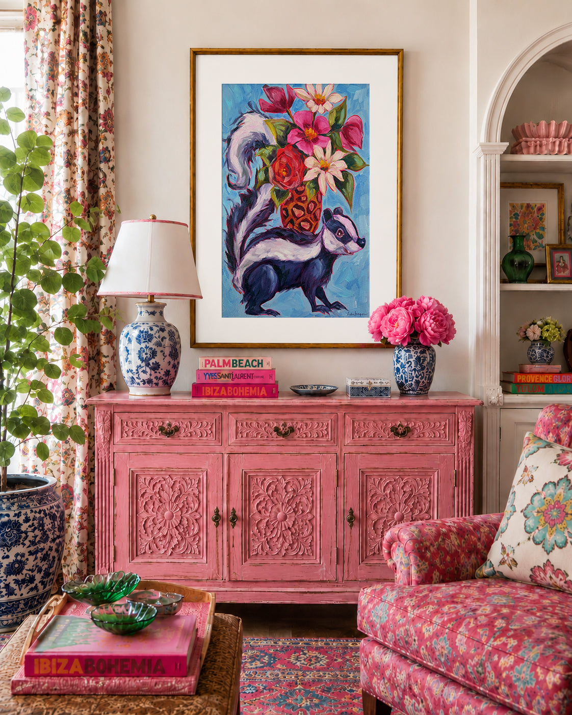 Skunk Floral Bouquet Art Print | Bold Colorful Maximalist Wall Art
