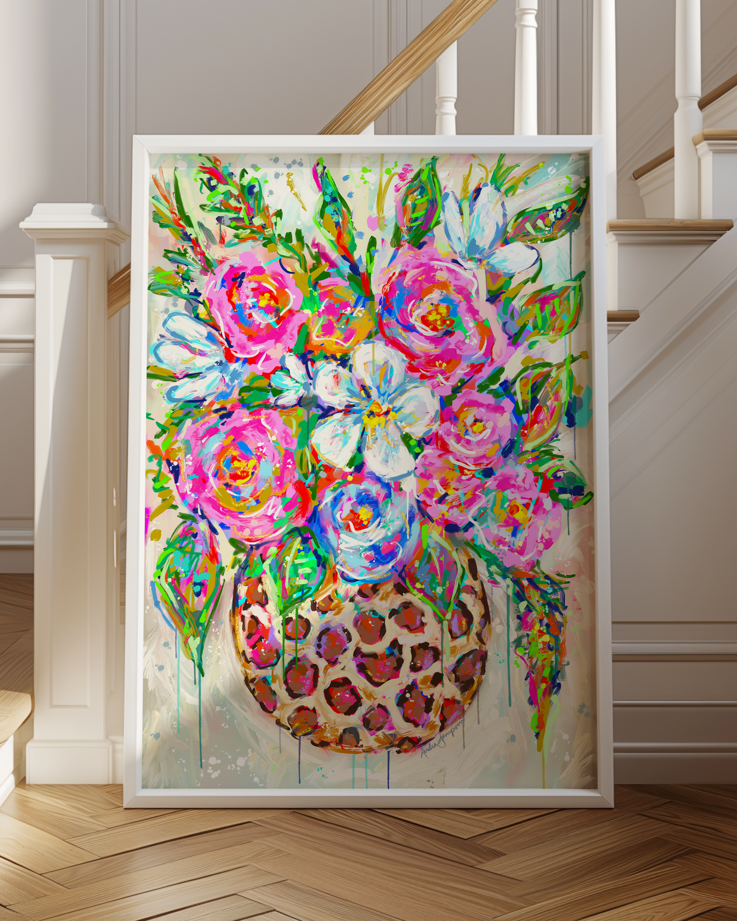 Leopard Vase Floral Print on Paper or Canvas - Maximalist Decor, Colorful Wall Art Poster