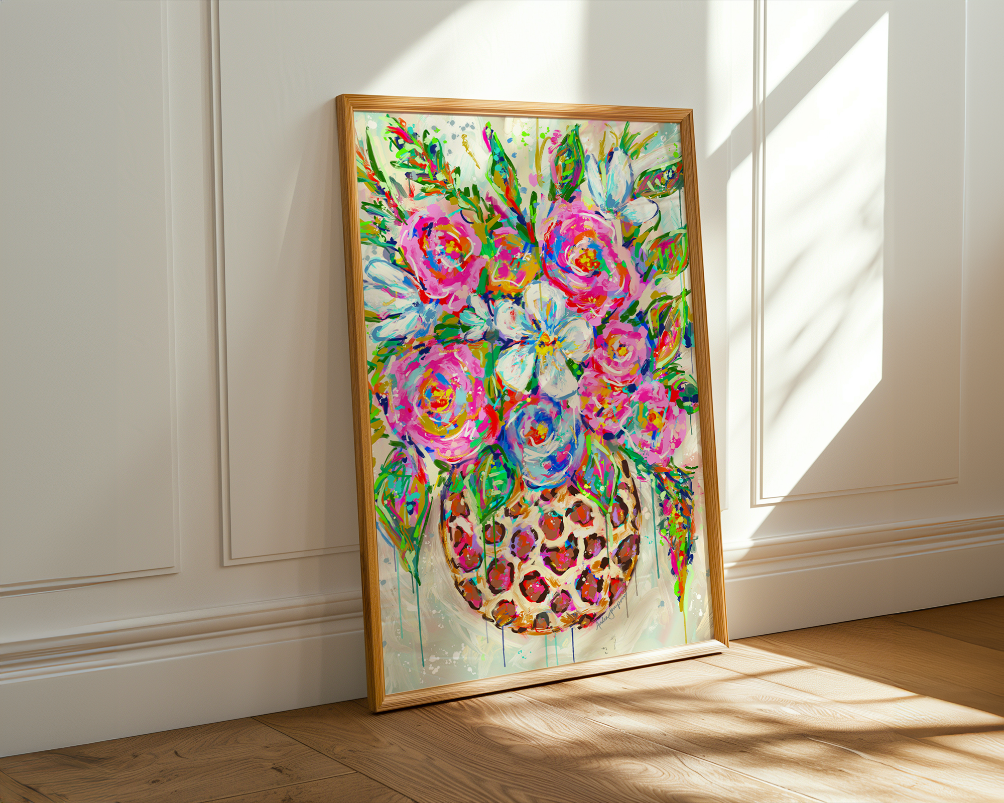 Leopard Vase Floral Print on Paper or Canvas - Maximalist Decor, Colorful Wall Art Poster