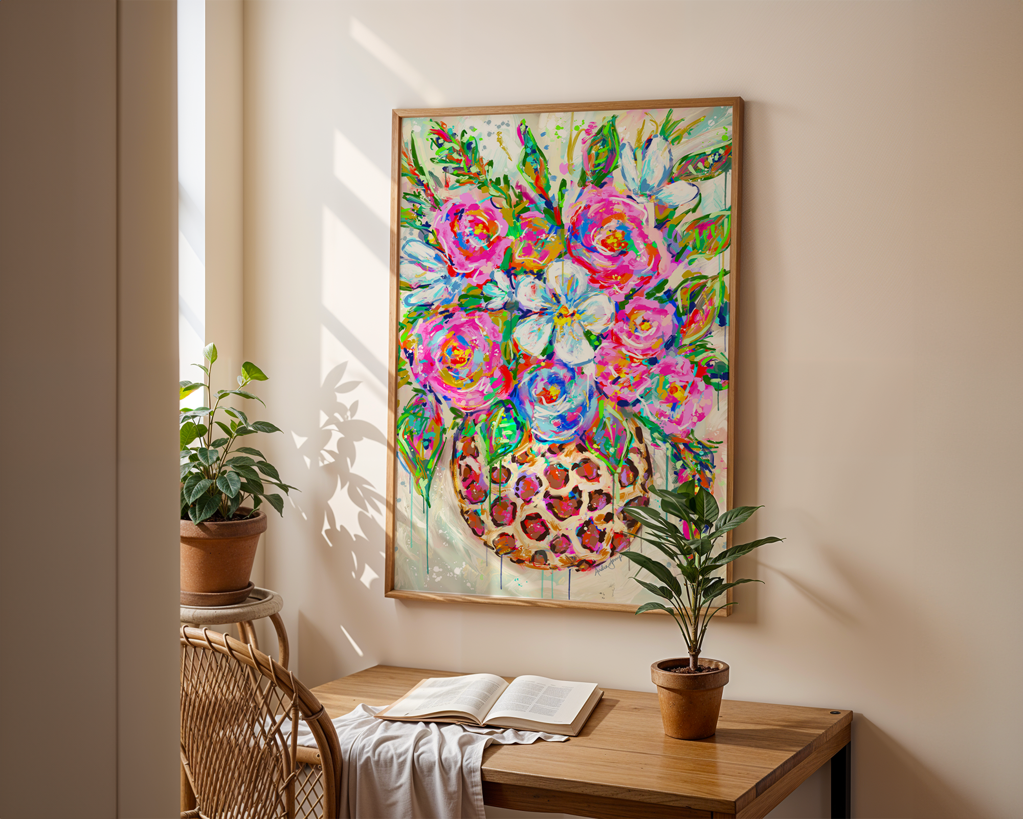 Leopard Vase Floral Print on Paper or Canvas - Maximalist Decor, Colorful Wall Art Poster