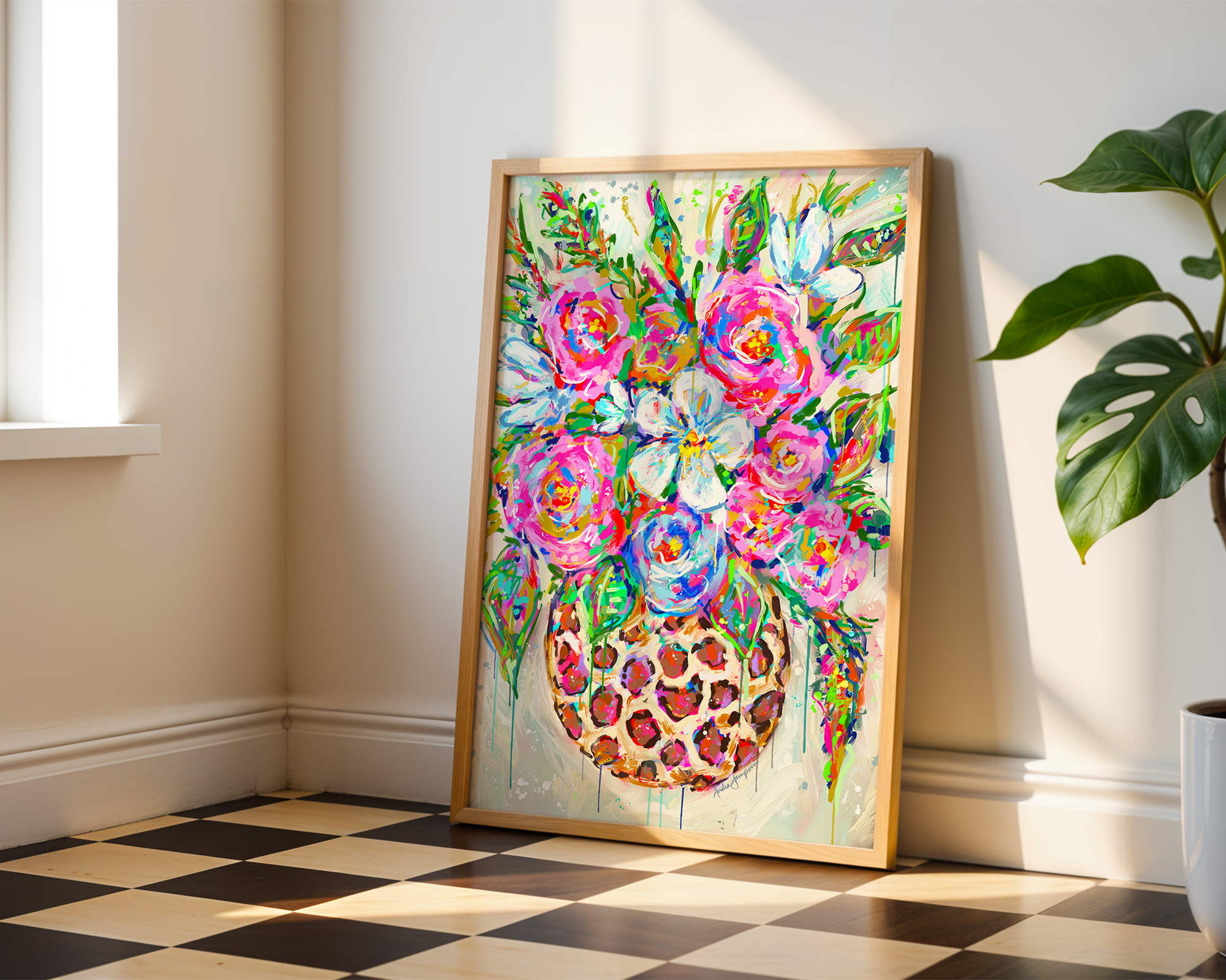 Leopard Vase Floral Print on Paper or Canvas - Maximalist Decor, Colorful Wall Art Poster