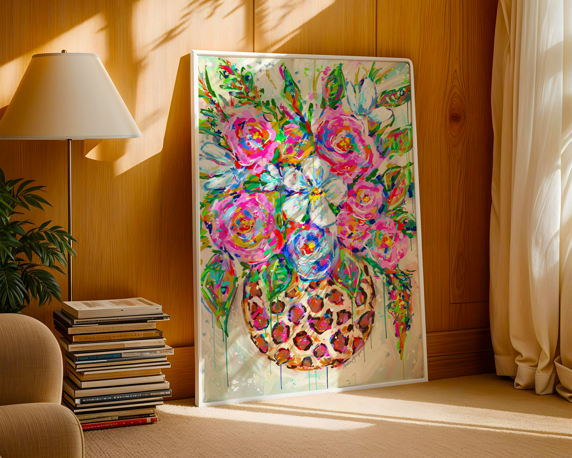 Leopard Vase Floral Print on Paper or Canvas - Maximalist Decor, Colorful Wall Art Poster