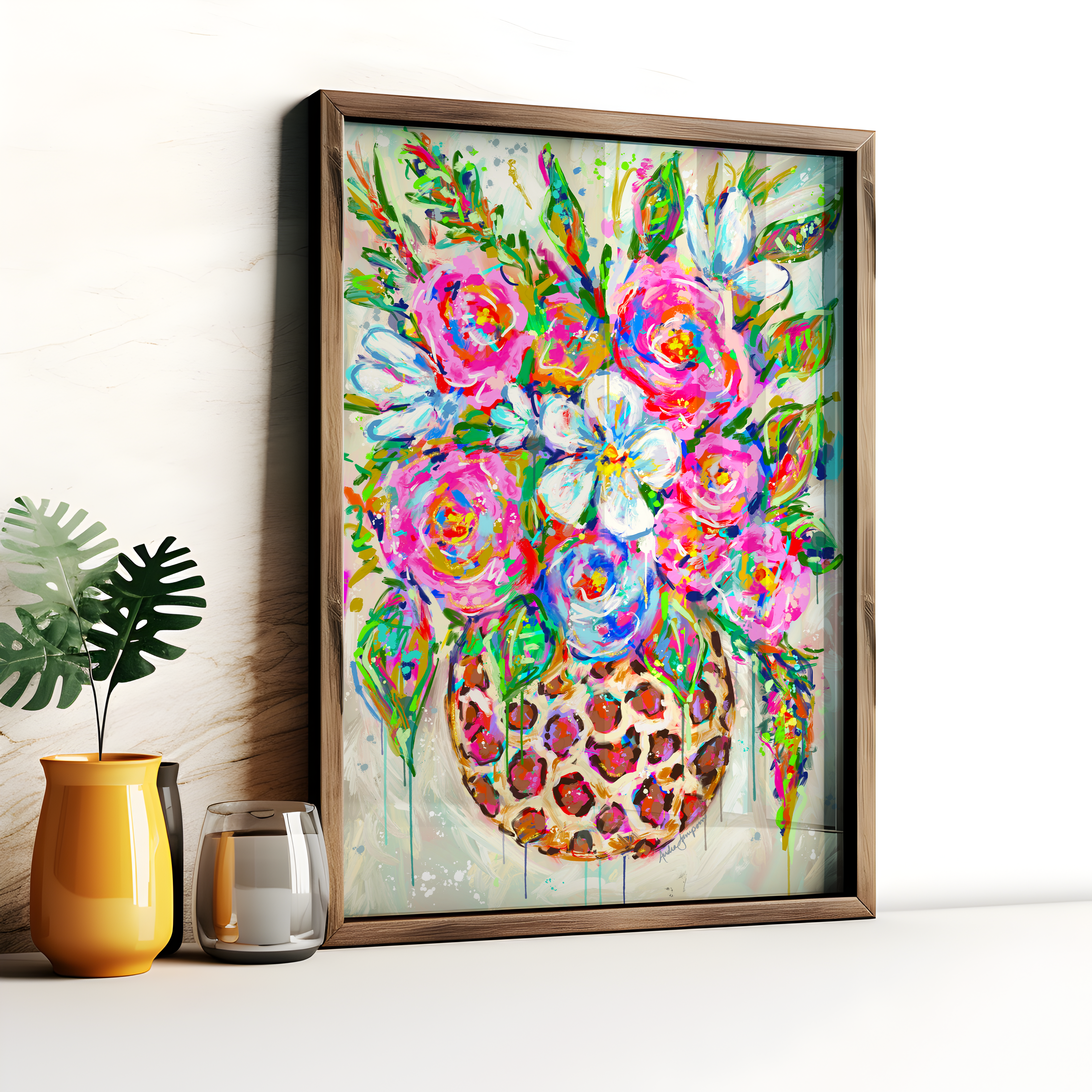 Leopard Vase Floral Print on Paper or Canvas - Maximalist Decor, Colorful Wall Art Poster