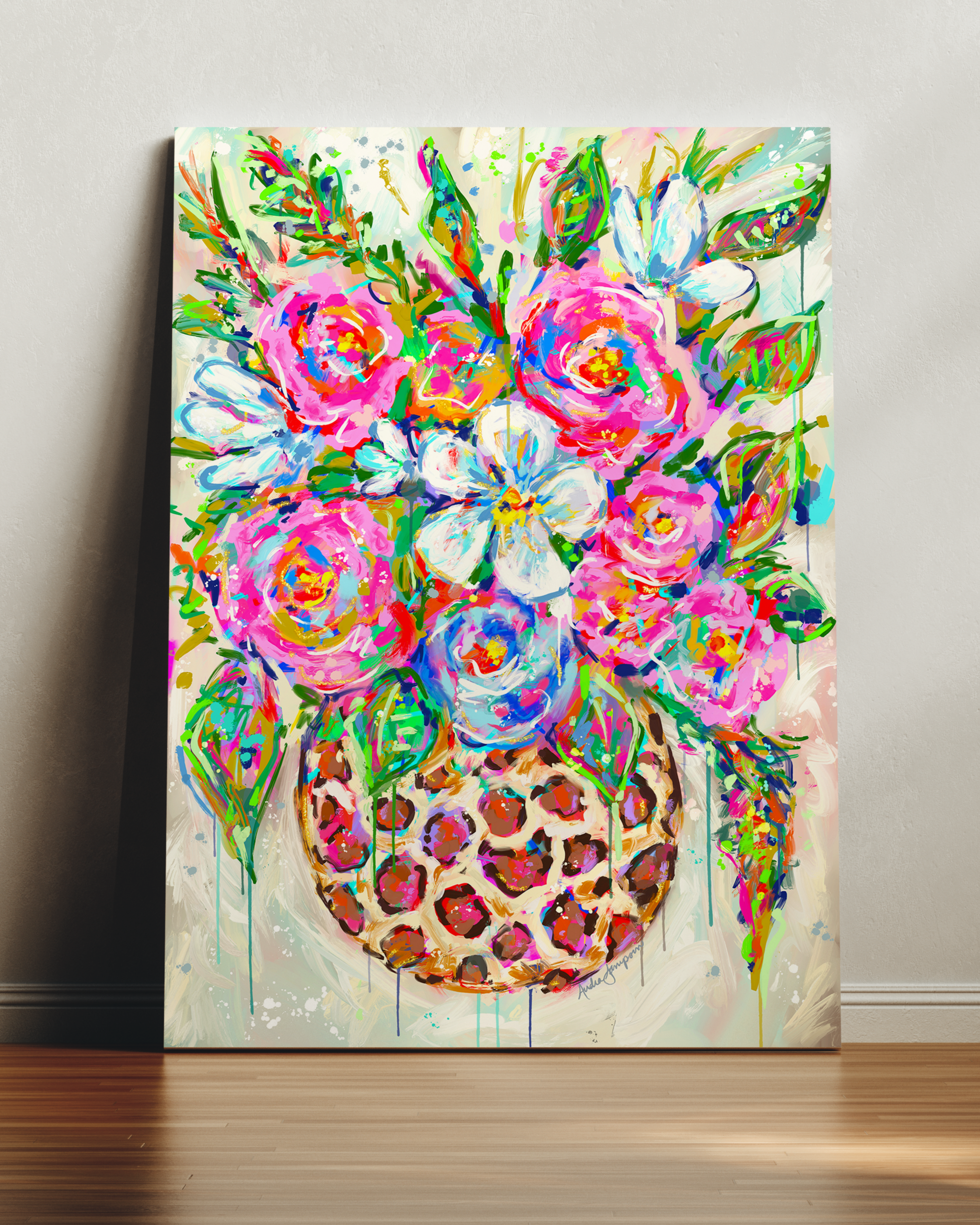 Leopard Vase Floral Print on Paper or Canvas - Maximalist Decor, Colorful Wall Art Poster