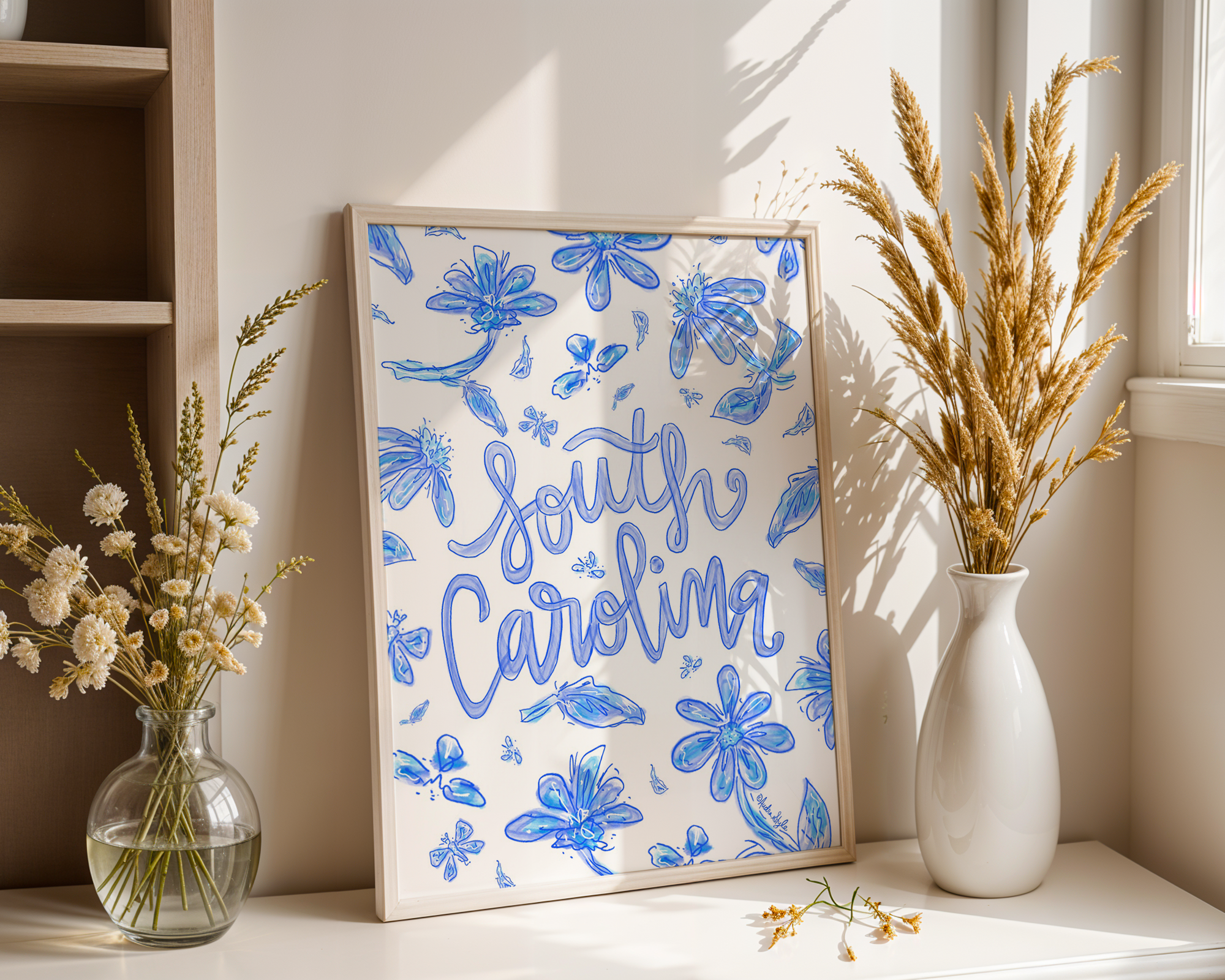 South Carolina Art Print on Paper or Canvas - State Pride, Hometown, Blue White Floral Wall Art Poster