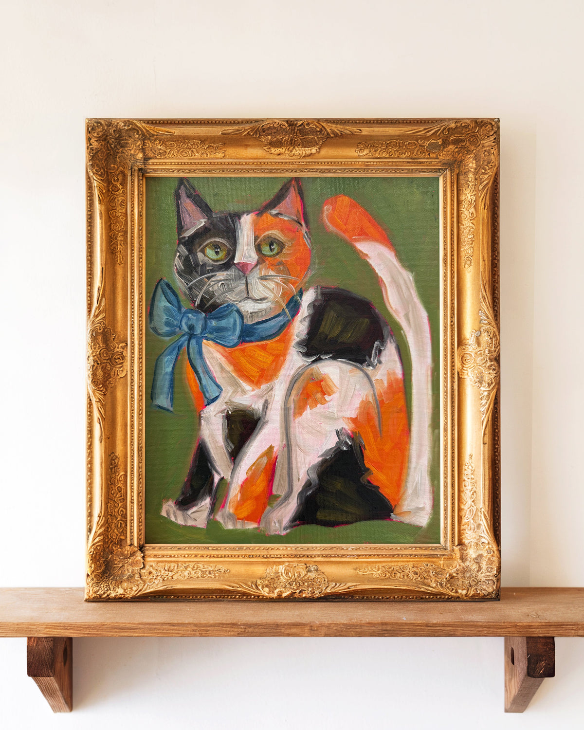 Spotted Calico Cat with Bow Art Print on Paper or Canvas - Kitty Cat Art Poster
