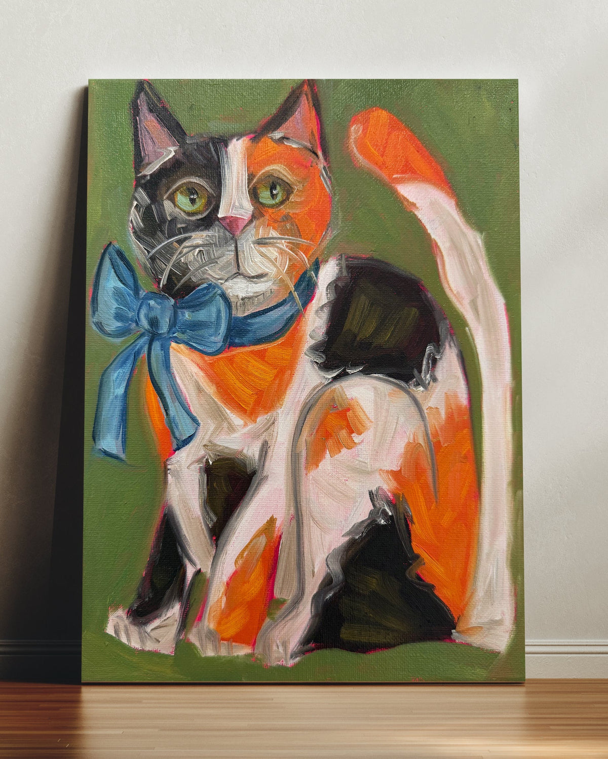 Spotted Calico Cat with Bow Art Print on Paper or Canvas - Kitty Cat Art Poster