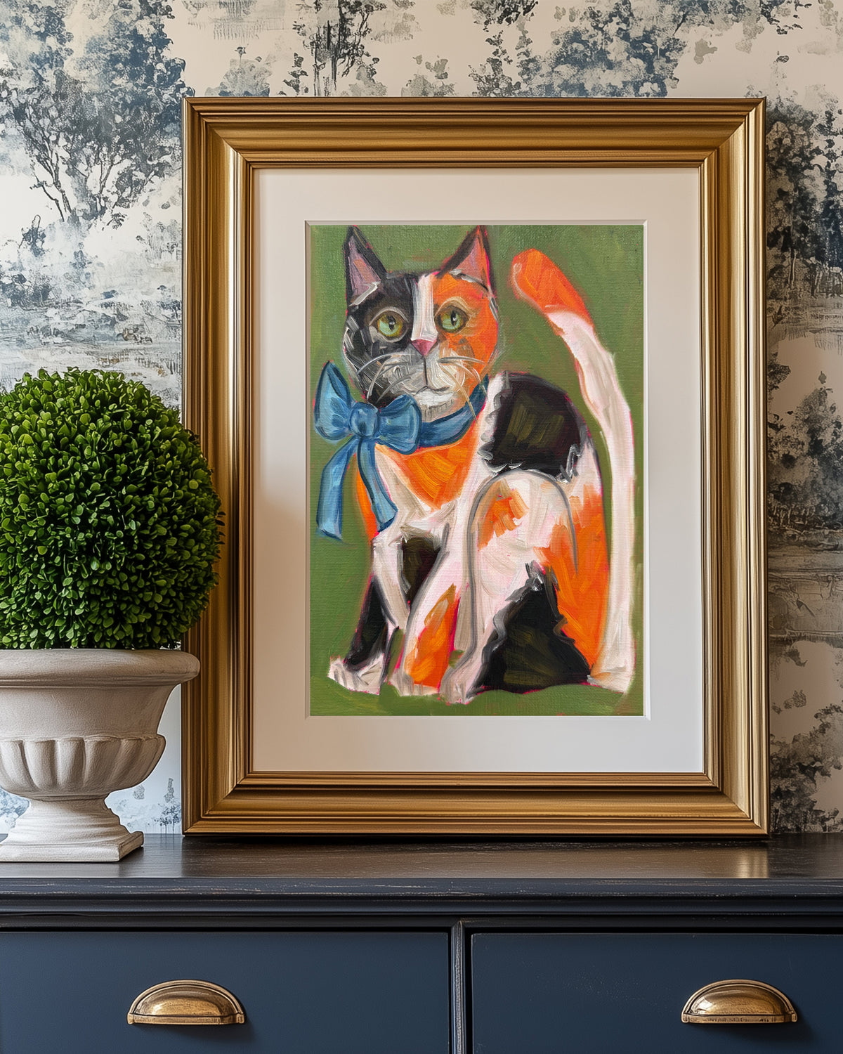 Spotted Calico Cat with Bow Art Print on Paper or Canvas - Kitty Cat Art Poster