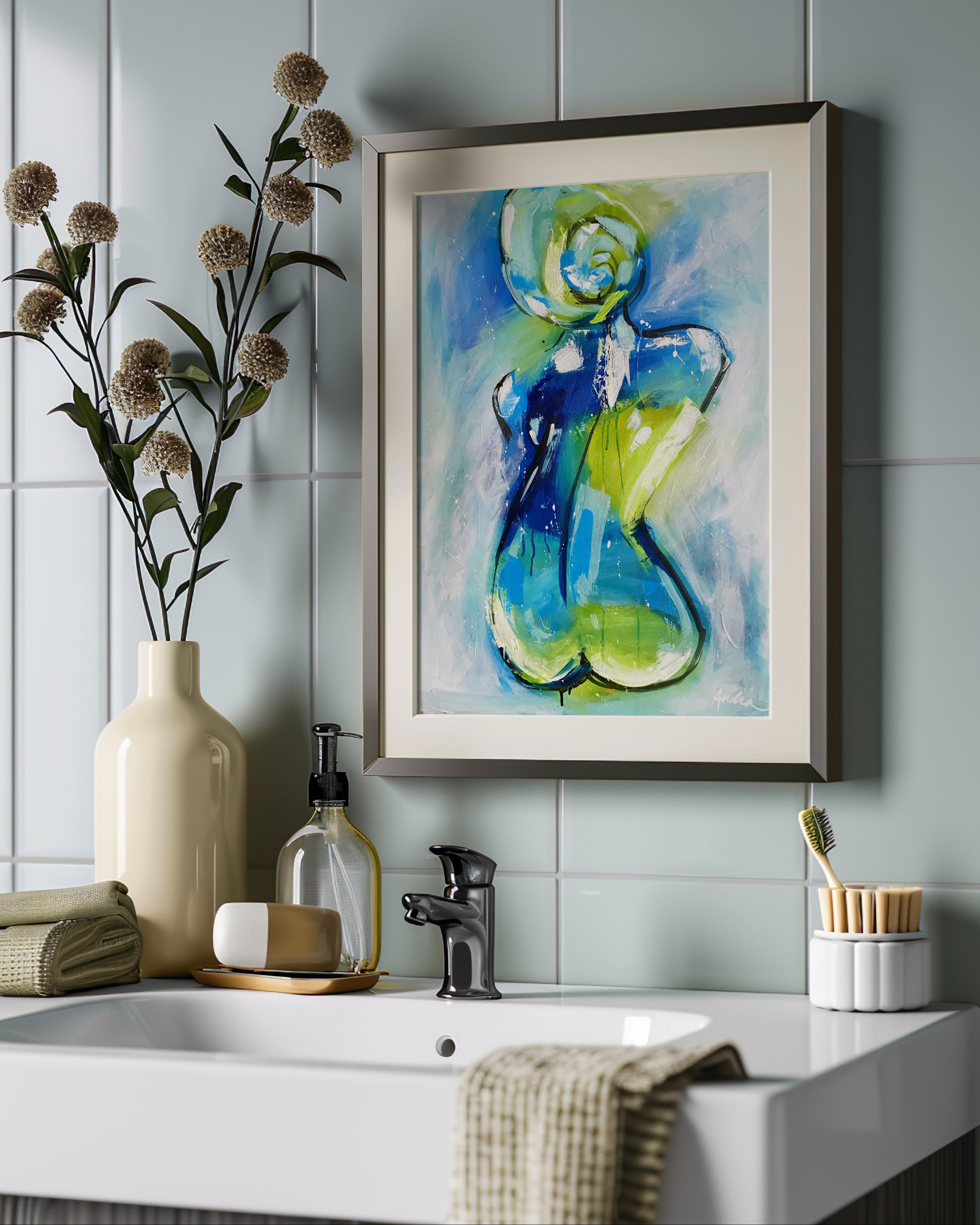 Taking a Moment Art Print on Paper or Canvas - Bathroom Decor, Maximalist Wall Art, Woman Figure Painting