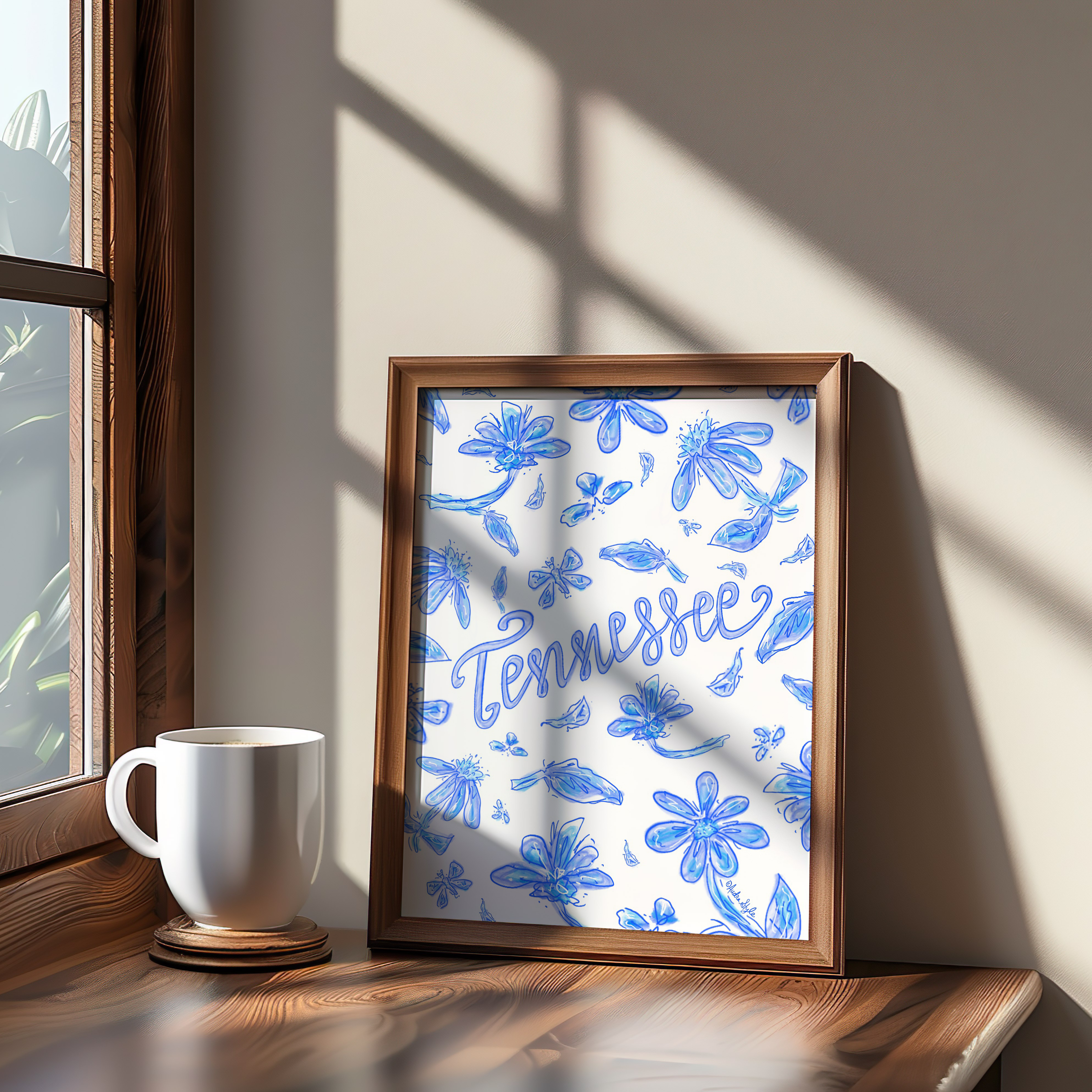 Tennessee Art Print on Paper or Canvas - State Pride, Hometown, Blue White Floral Wall Art Poster